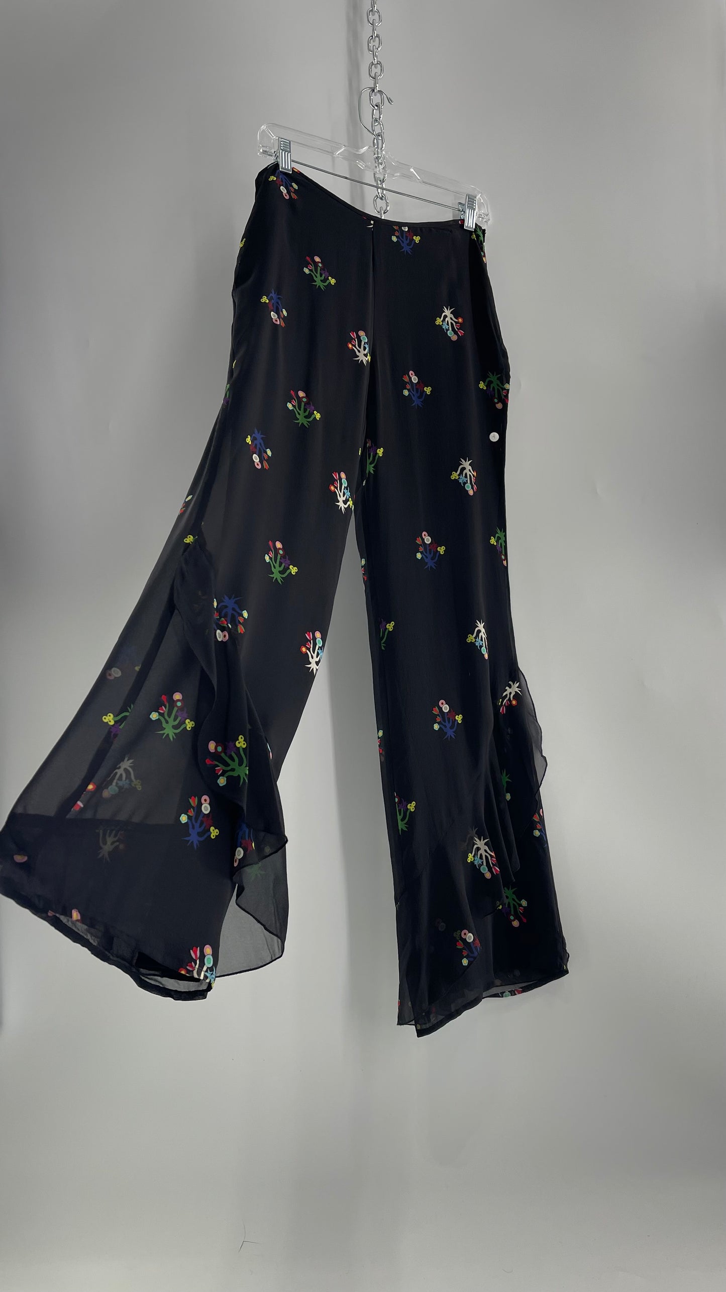 Cynthia Rowley Black Flared Pants with Colorful Abstract Florals, Dual Lining and Ruffle Trim (4)