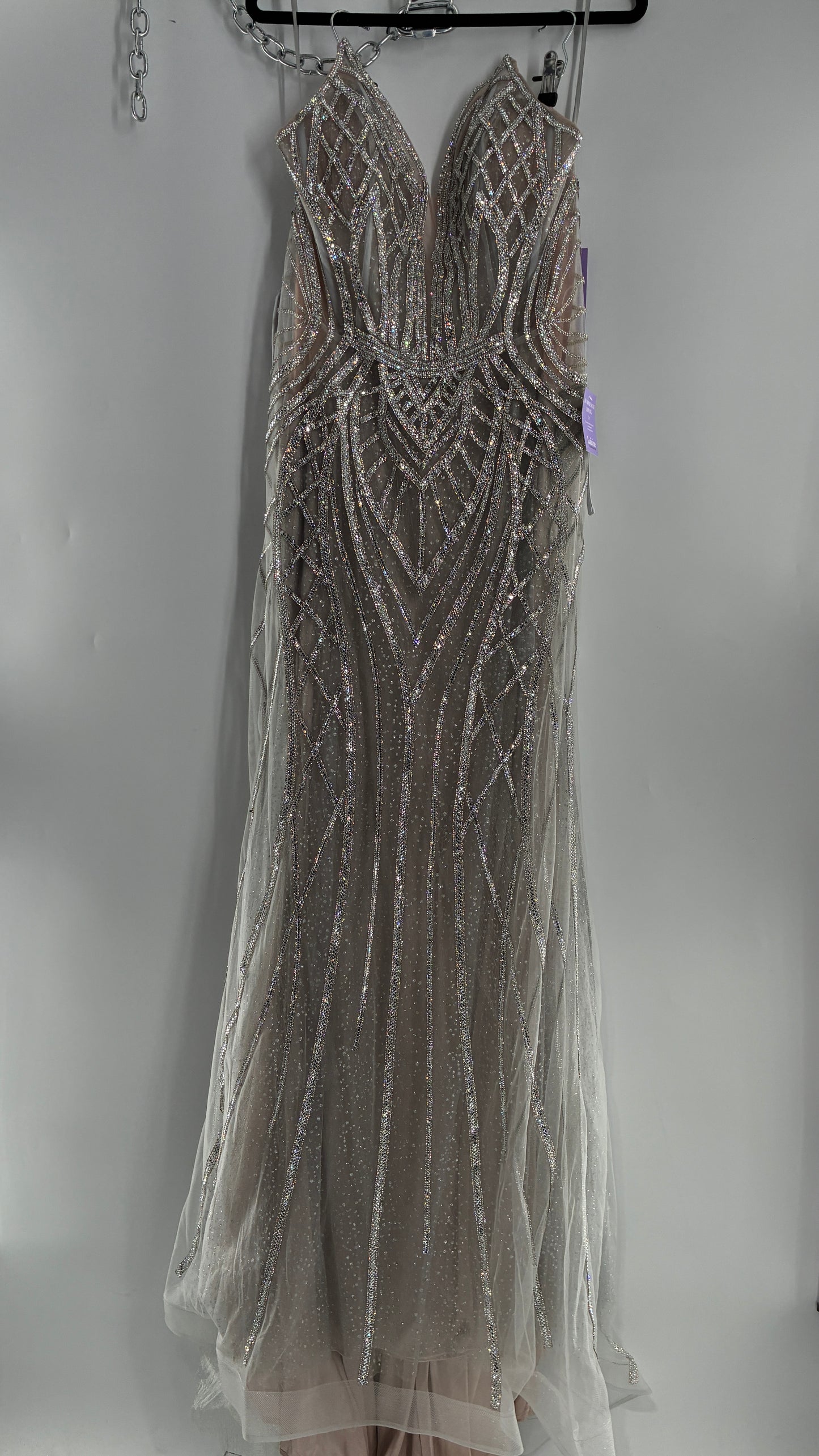 NWT LADIVINE by Cinderella Divine Silver Nude CC6018 Mermaid Corseted Gown with Multiple Layers of Tulle, Covered in Crystal Strips (16)