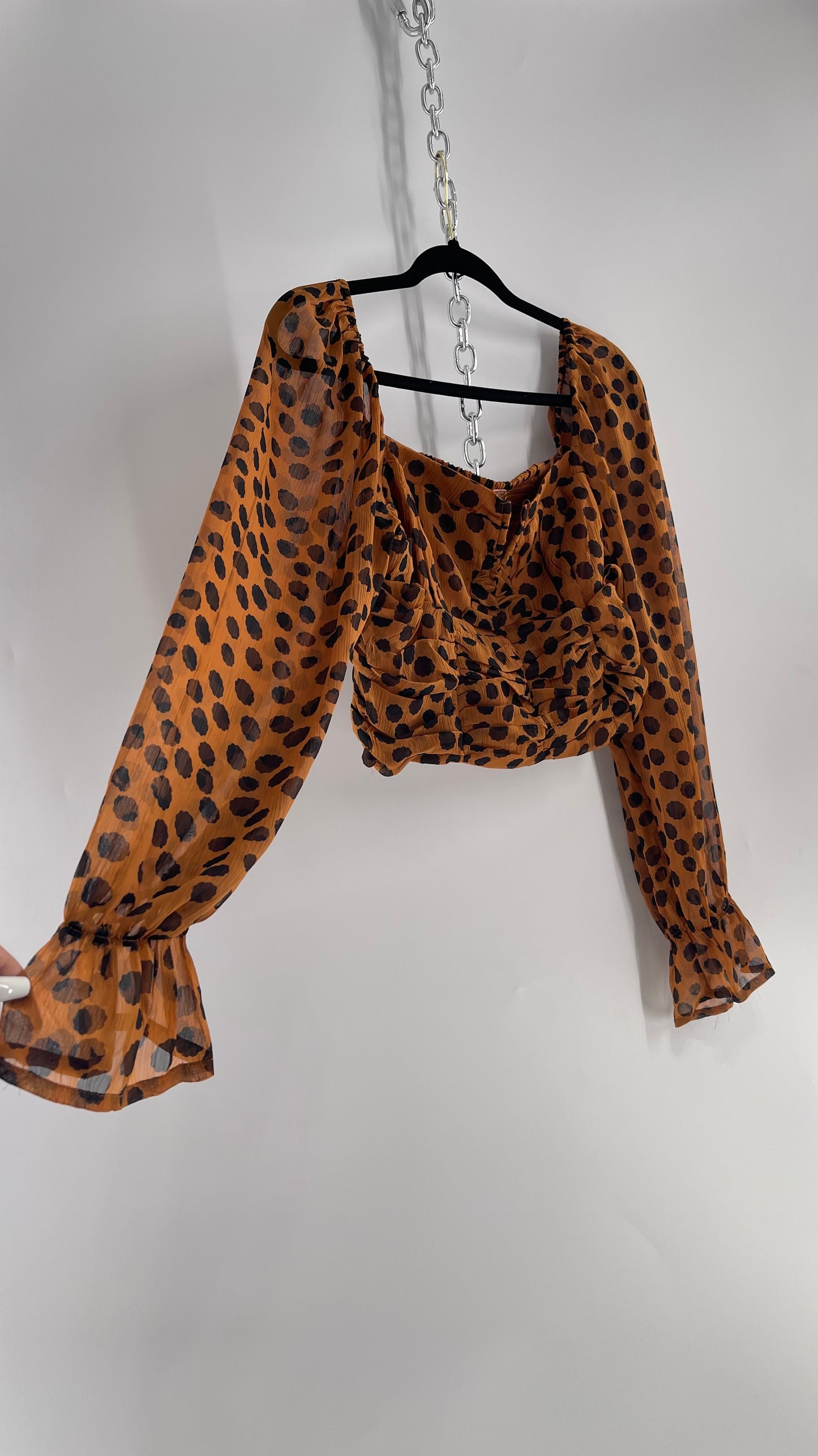 Free People Brown Black Animal Print Blouse with Ruched Bodice and Tags Attached (Large)
