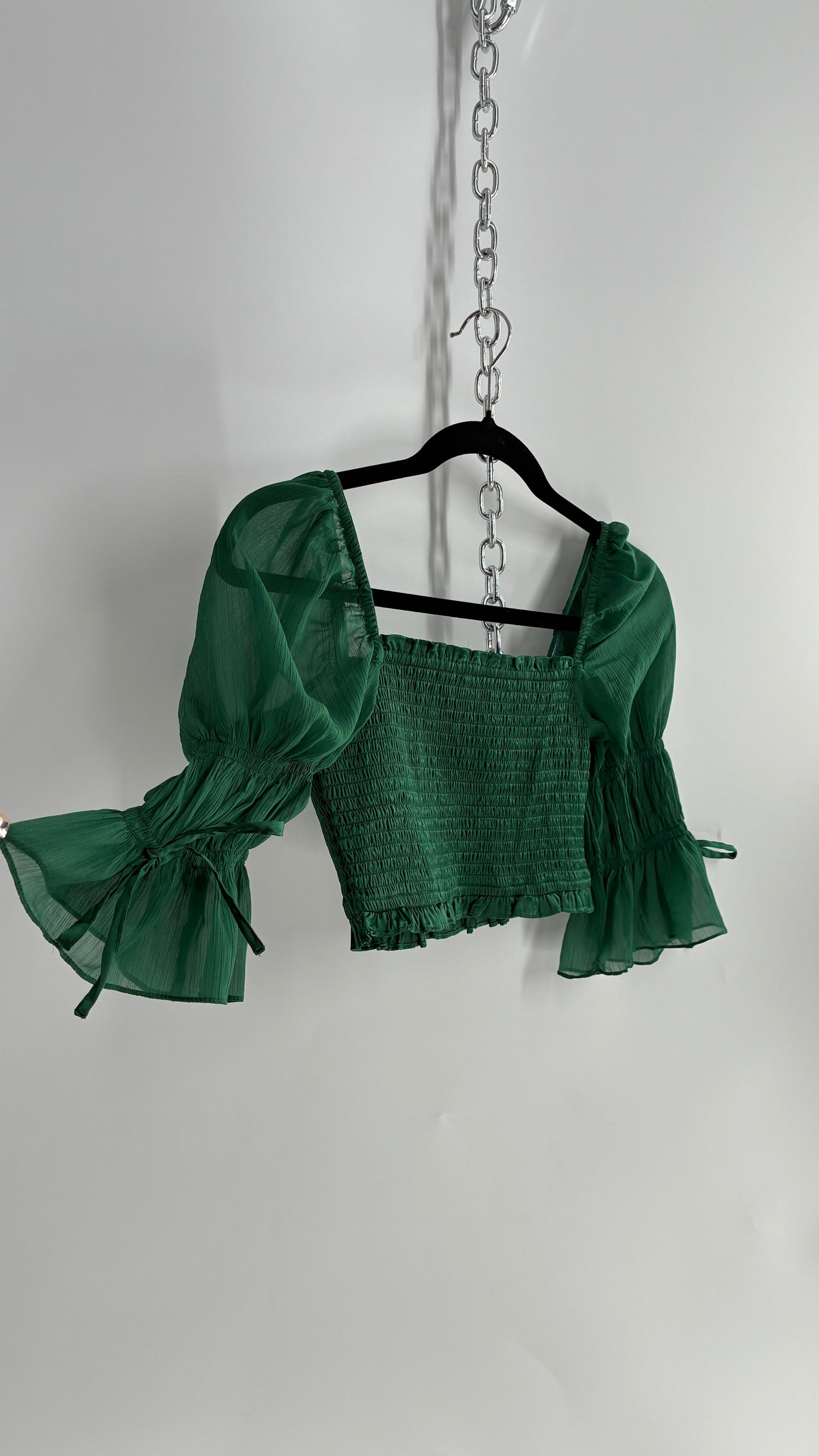 Urban Outfitters Green Smocked Top with Sheer Puff Renaissance Sleeve (XS)