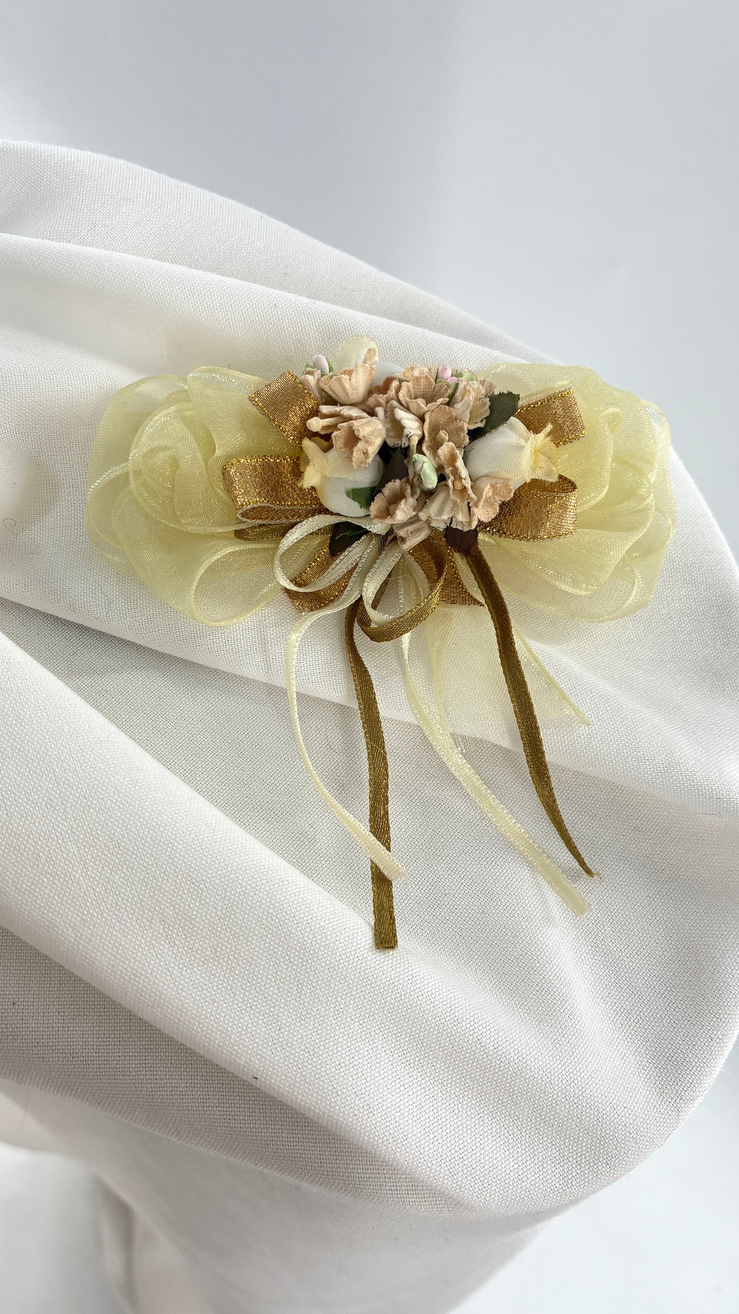 Vintage Baby Yellow Bow Pin Brooch with Ribbon, Handmade fabric flowers and Bows