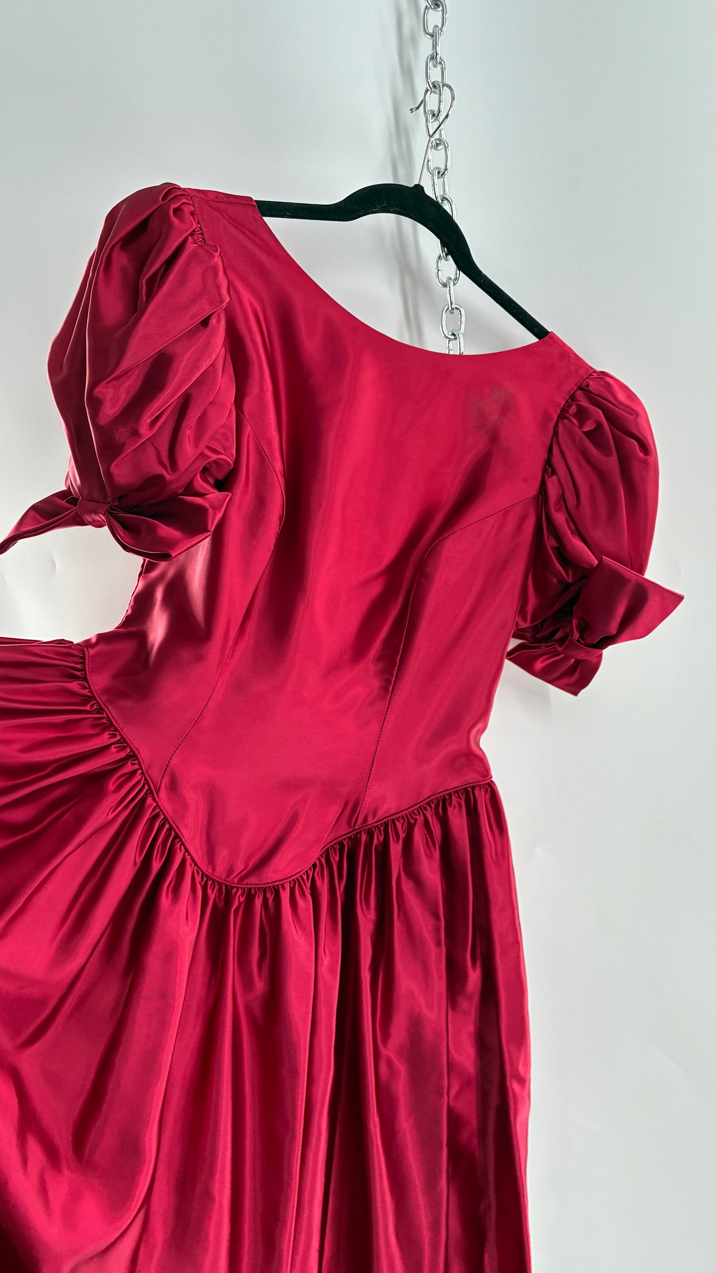 Vintage Red Silky Satin Corset Style Dress with Sweetheart Neckline, Puff Sleeves, Oversized Bow Bum, Open Back and Draping Pearls (10P)