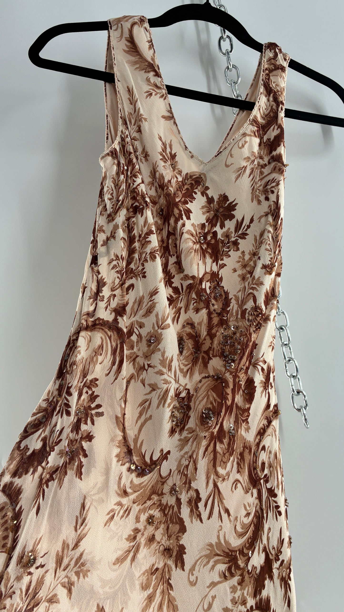 Vintage MAJICK 1990s Brown Floral, Asymmetric Ruffled Hem Gown with Embroidered Sequin Details (Medium)