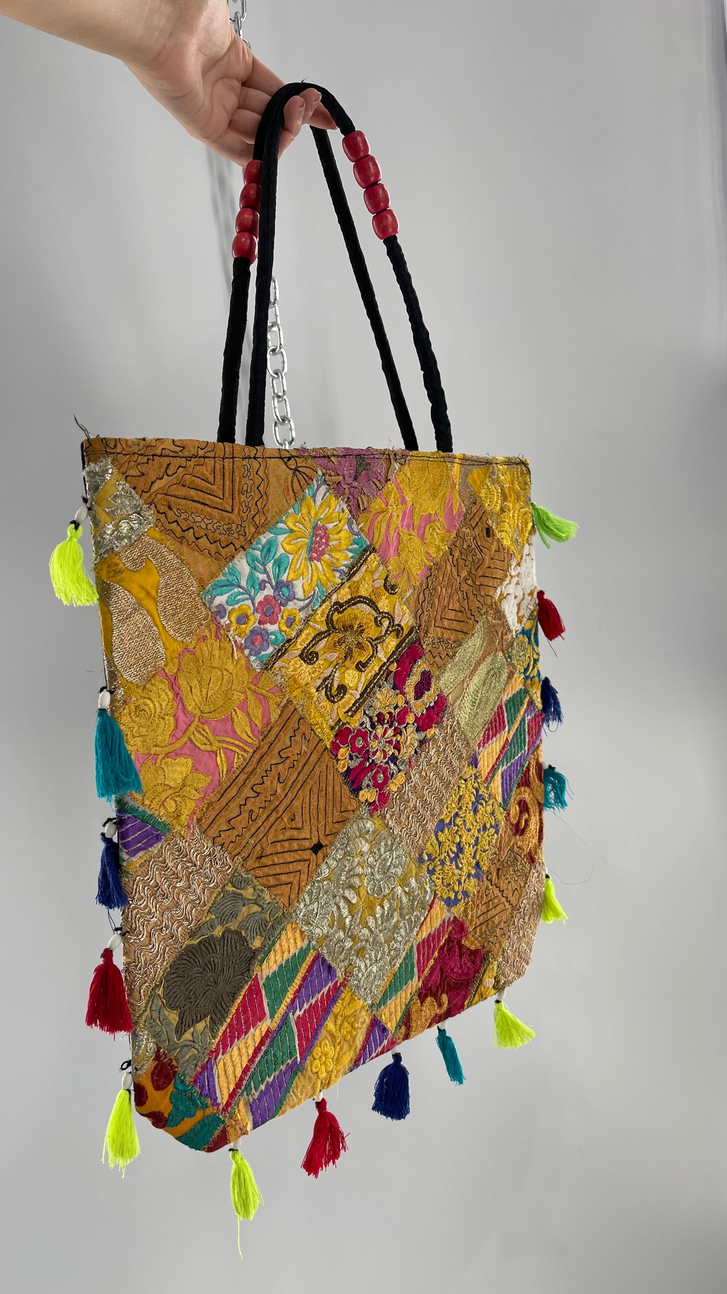 Imported Golden Yellow Patchwork Tote from Brazil with Tassel Detailing