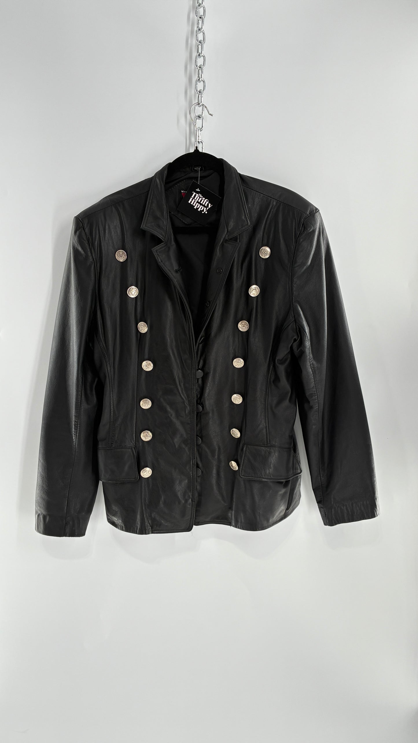 Vintage Virginia Slims Black Genuine Leather Military Jacket with Double Breasted Embossed Buttons (Large)