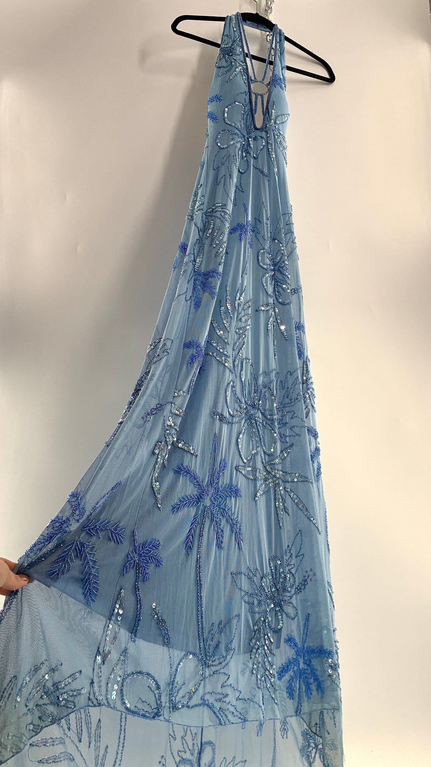 Vintage 1990s Powder Blue Gown Covered in Beaded Appliqué Tropical Designs with Strappy Bust and Low, Open Back (S/M, stretchy no size marked)