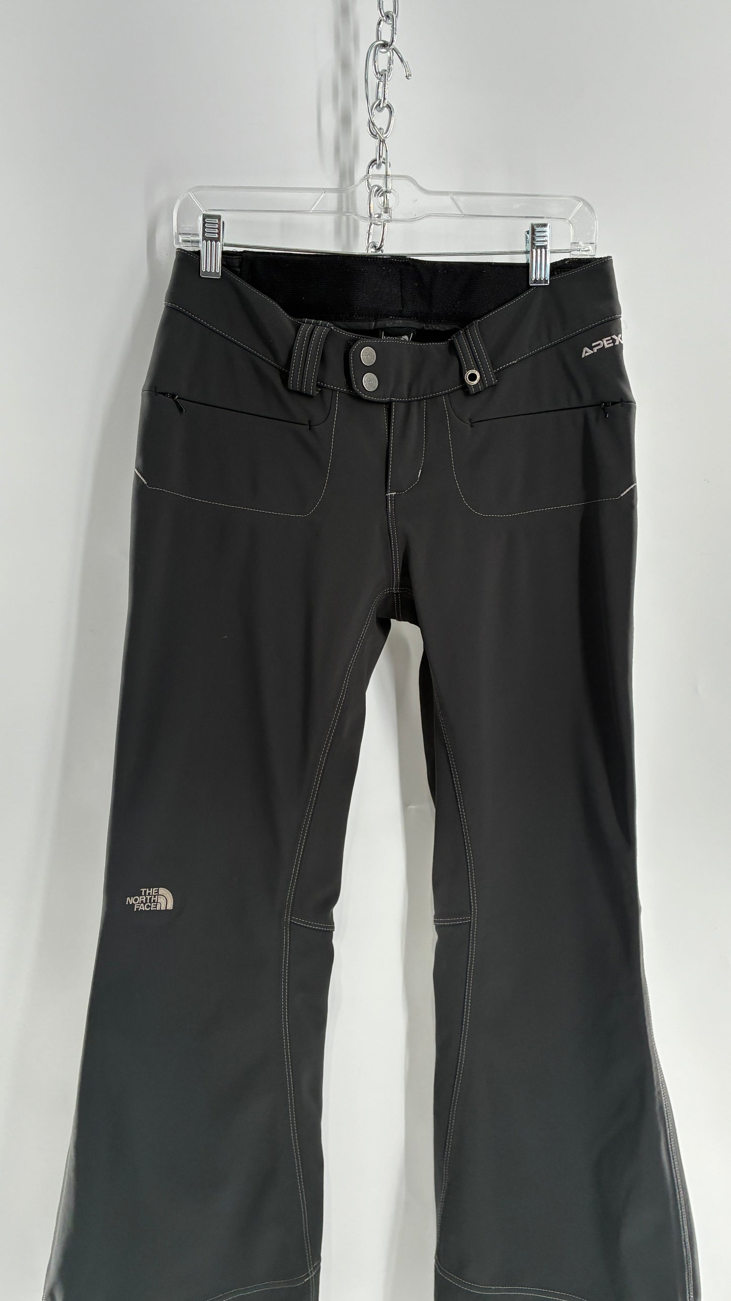 Vintage North Face Dark Gray, Low Rise, Kick Flare Pants with Contrast Stitching, Side Closure and Oversized Bum Pockets (Small)