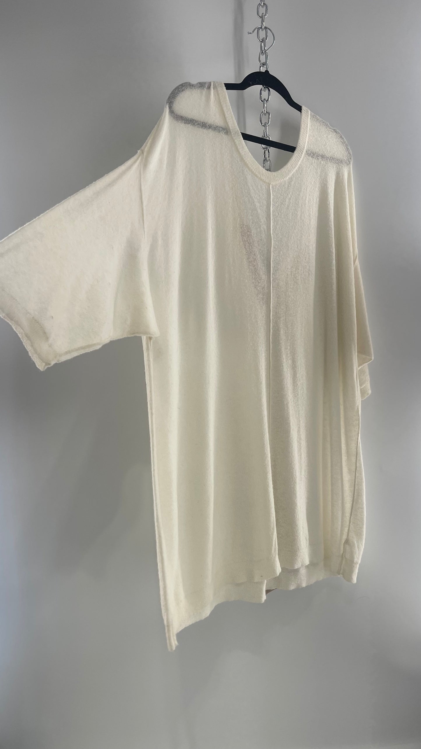 Free People Off White Thin Knit Cozy Sweater Dress with Open Back and Dusty Rose Ribbon (L)