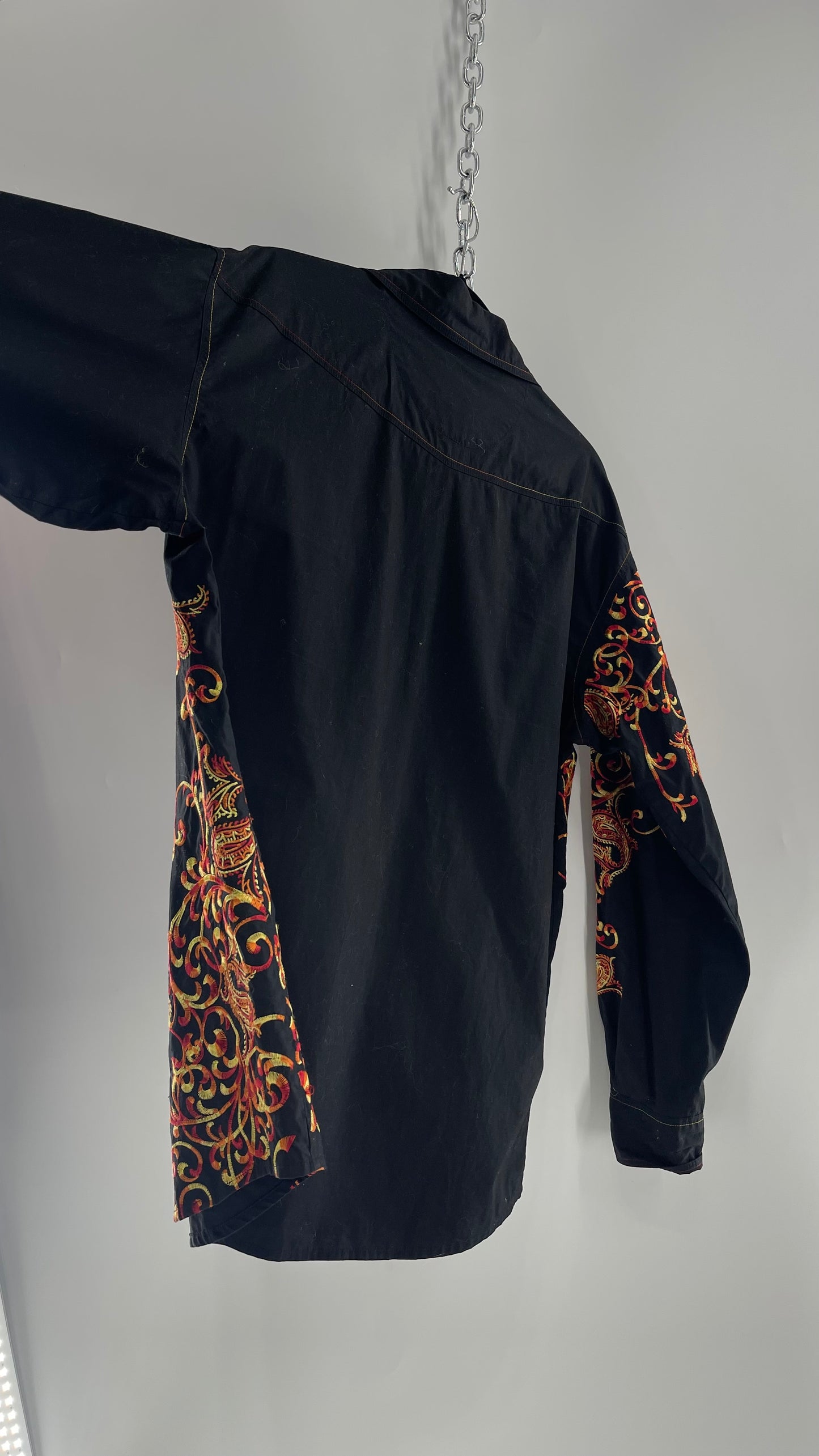 Vintage IMPERIOUS Men’s Black Button Up with Heavy Red/Orange Embroidery (L/XL)