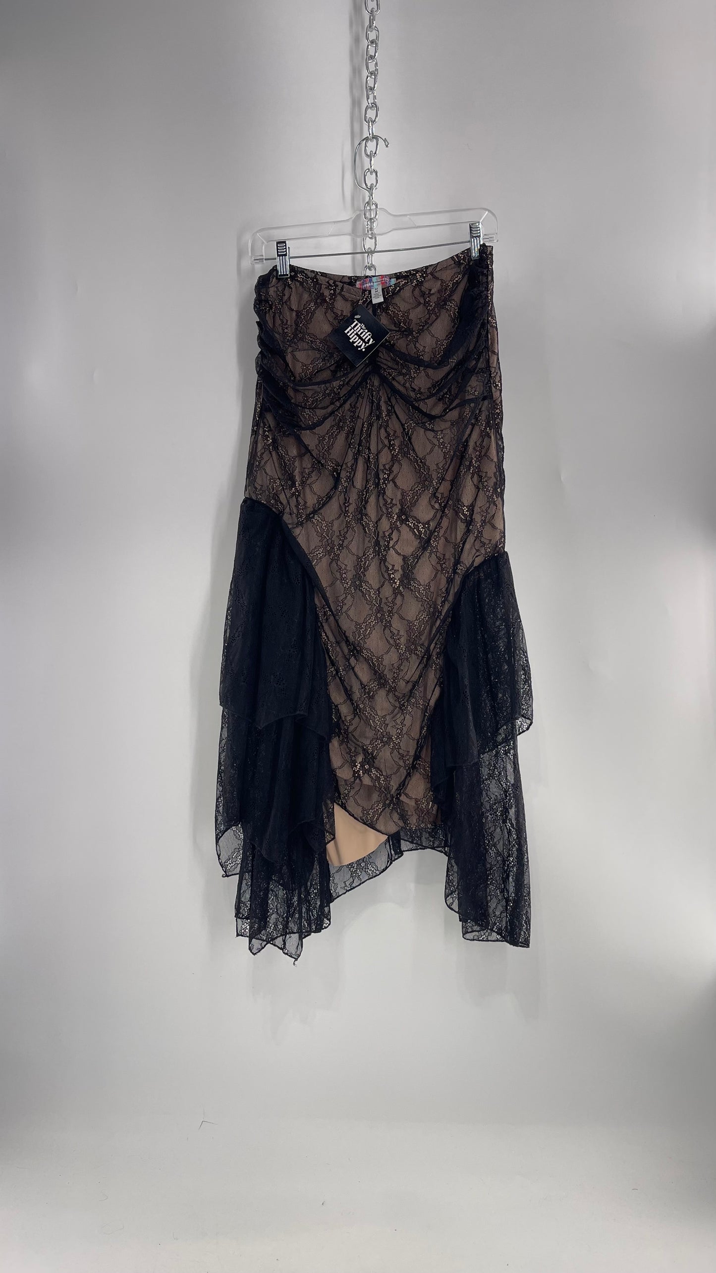 Urban Outfitters Black Lace Midi Skirt with Nude Underlay (Medium)
