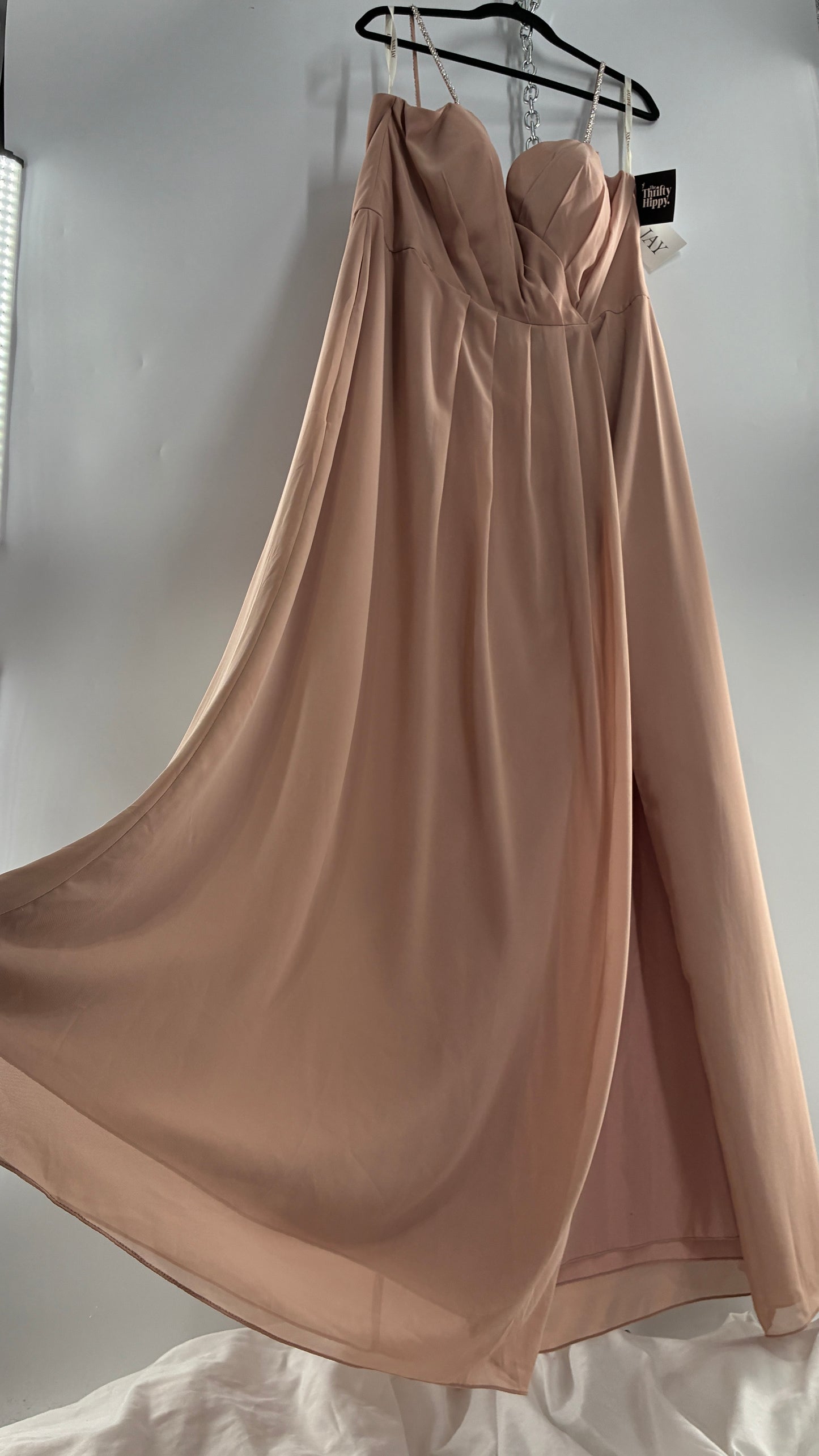 Vintage BARI JAY Nude/Blush Pink Full Length Dress with Embellished Straps and Side Slit Detail (16W)