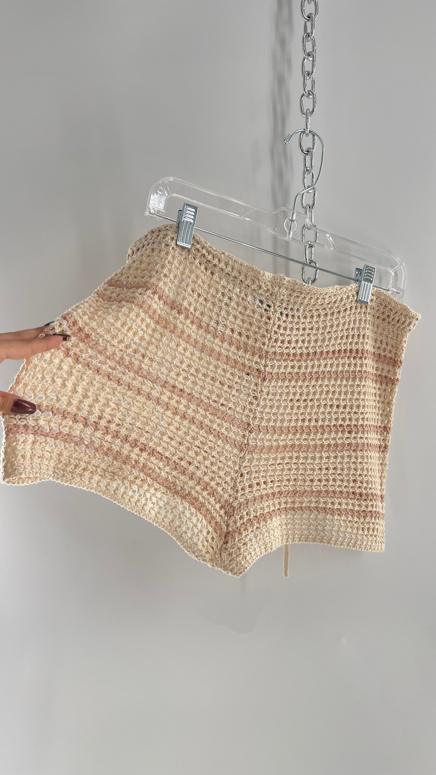 Free People Beach Beige Knit Crochet Cover Up Shorts (Medium)