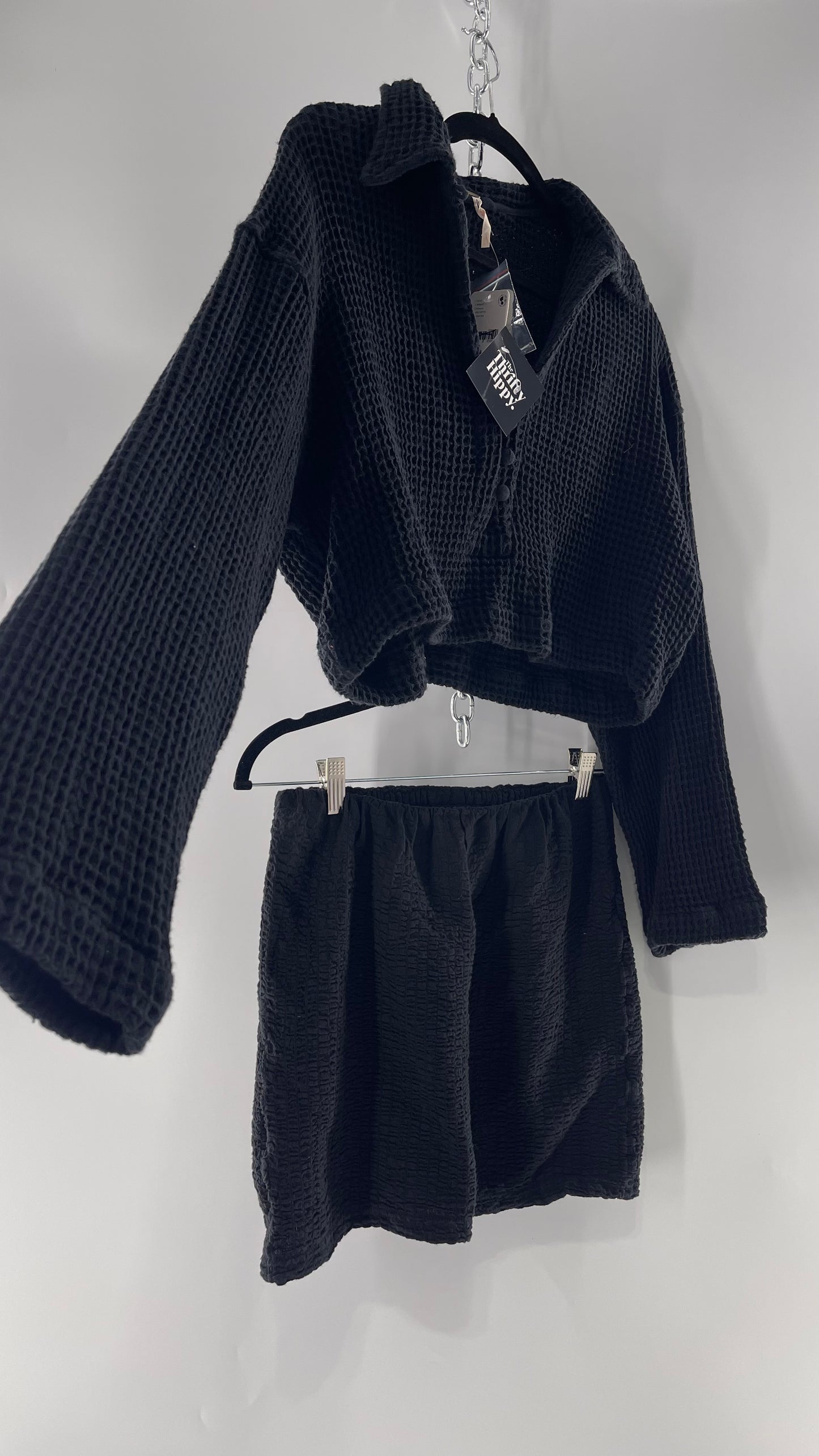 Free People Waffle Knit Black Cropped Button Up and Skirt Set with Tags Attached (Small)