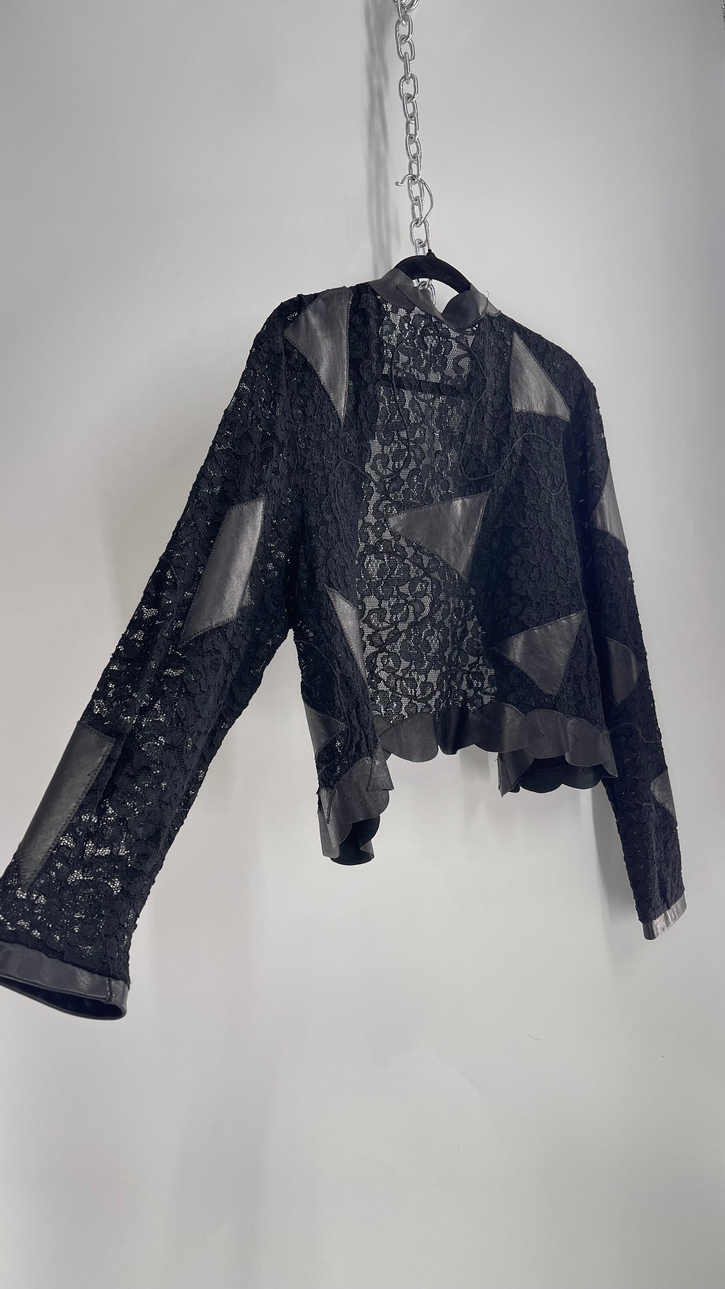 Vintage Black Lace Jacket with Genuine Black Leather Patches and Lining (M/L)