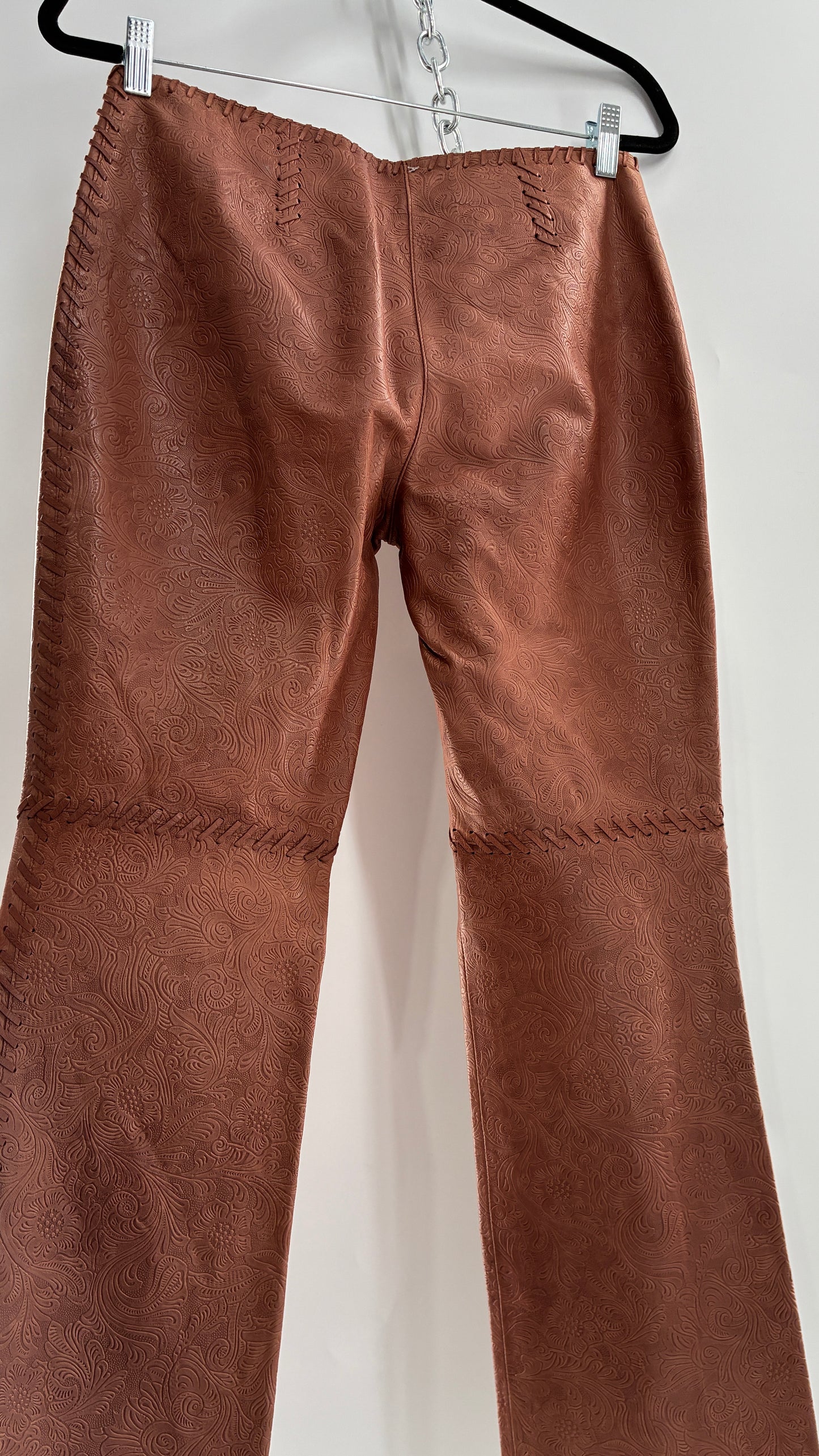 Vintage Embossed Paisley Patterned Genuine Leather Pants with Stitching Details (No Label Unbranded, S)