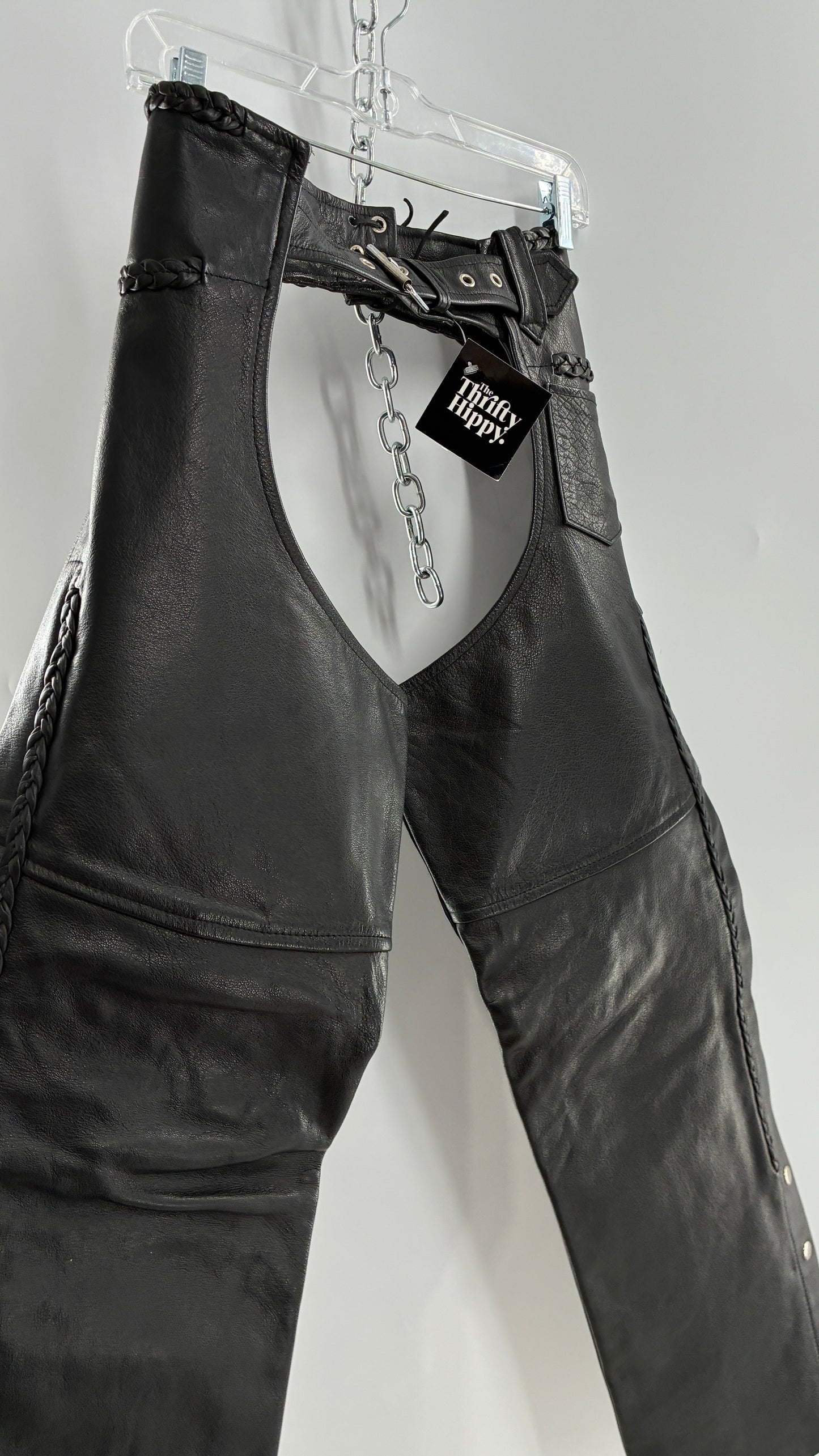 Vintage AMERICAN LEATHER Black Motorcycle Chaps/Pants with Mini Pocket, and Side Zipper Detailing (XS)