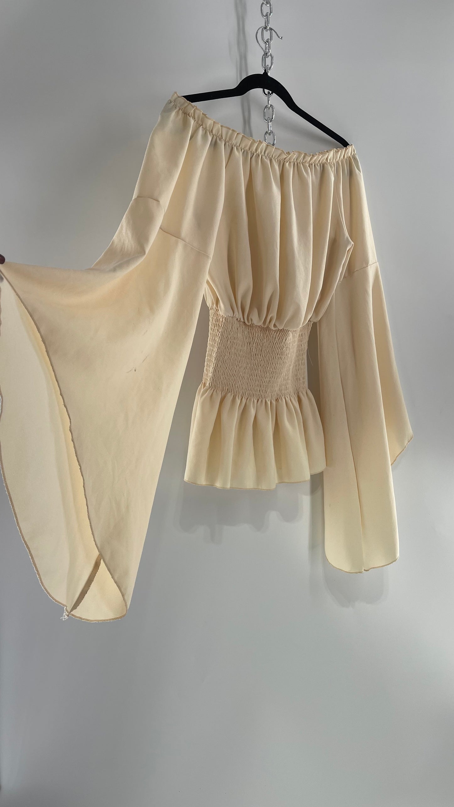 Vintage Off White Smocked Waist Bell Sleeve Wanderlust Blouse(S/M)