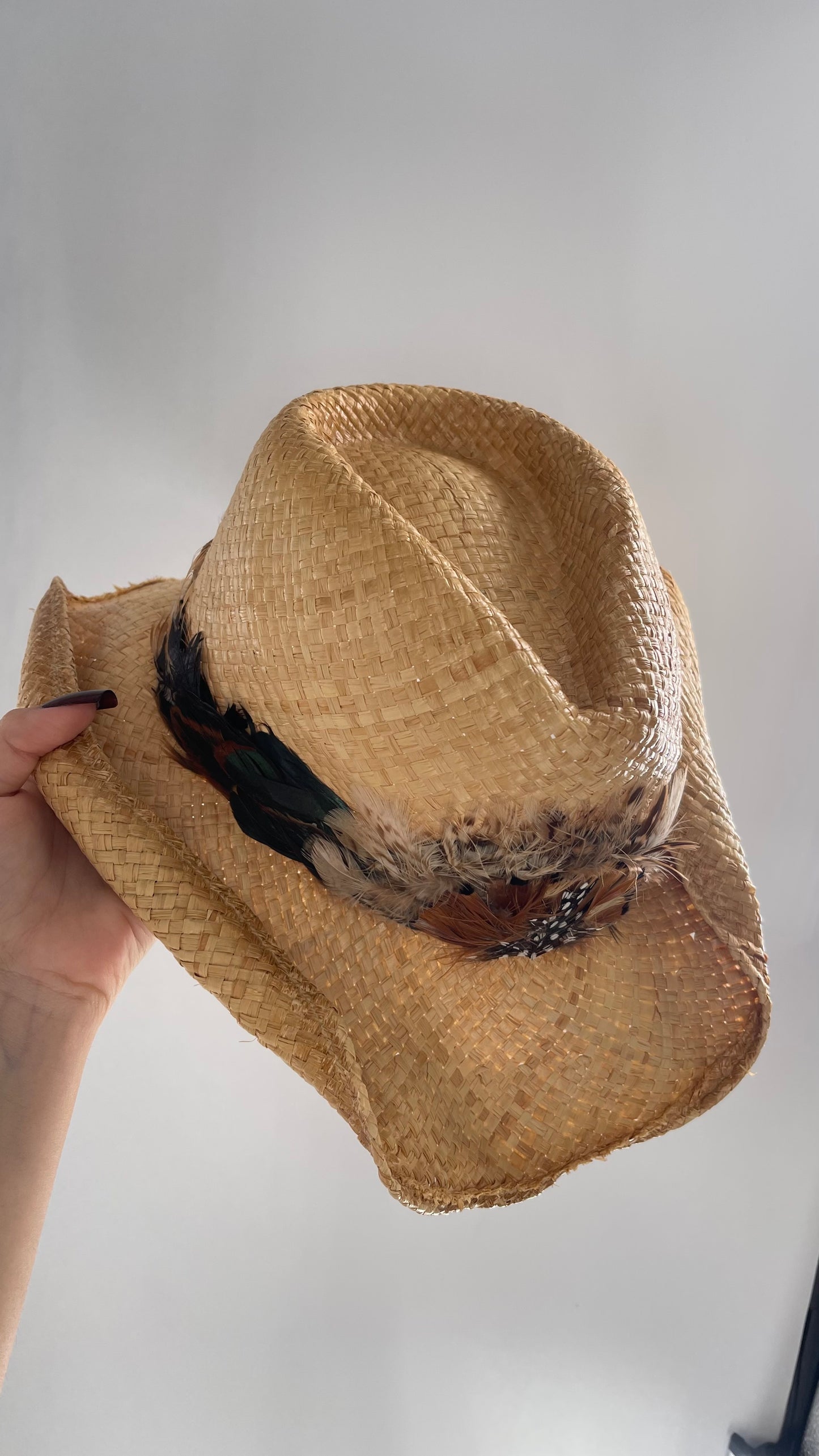 Vintage Straw Hat with Feather Band