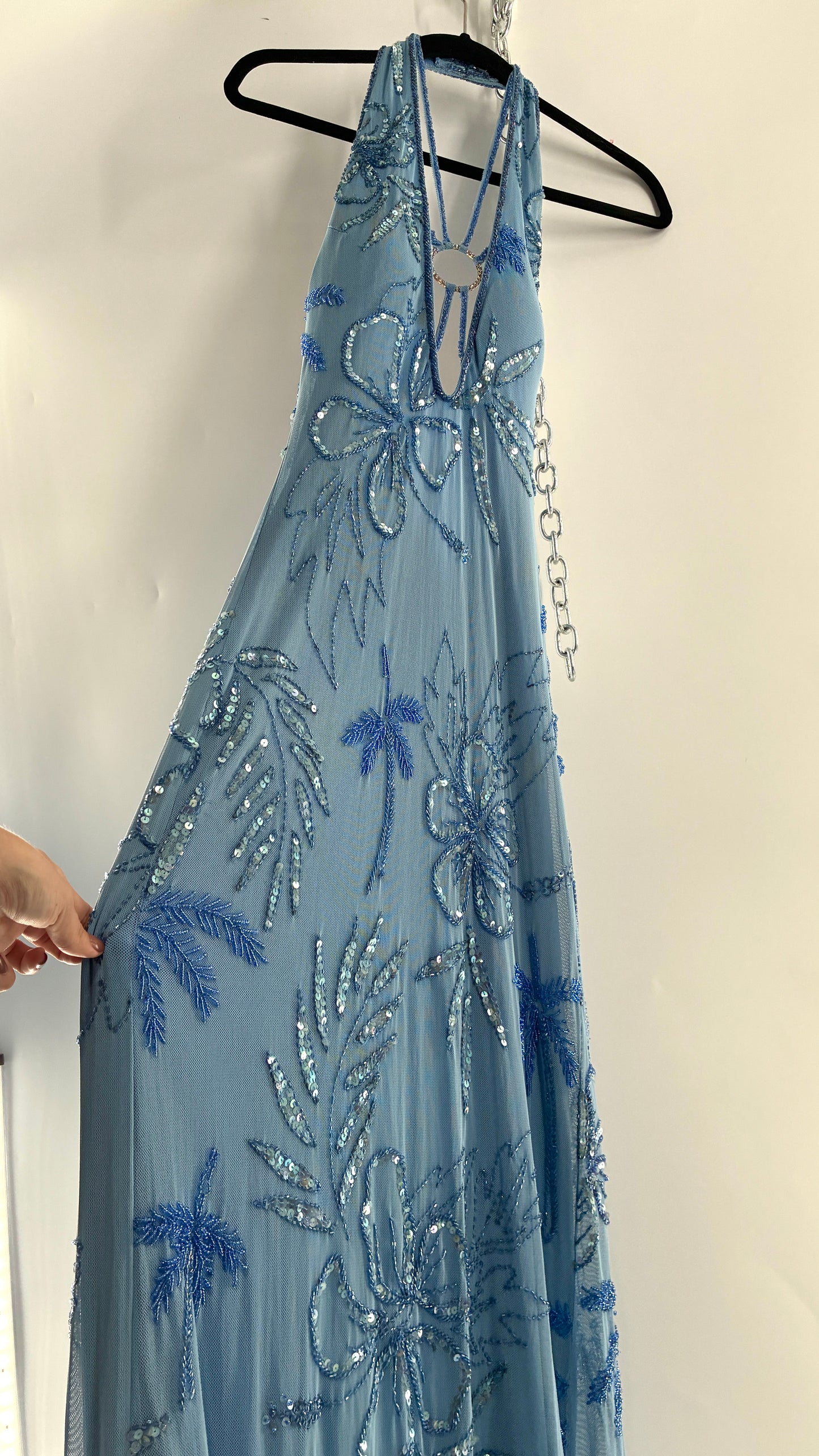Vintage 1990s Powder Blue Gown Covered in Beaded Appliqué Tropical Designs with Strappy Bust and Low, Open Back (S/M, stretchy no size marked)