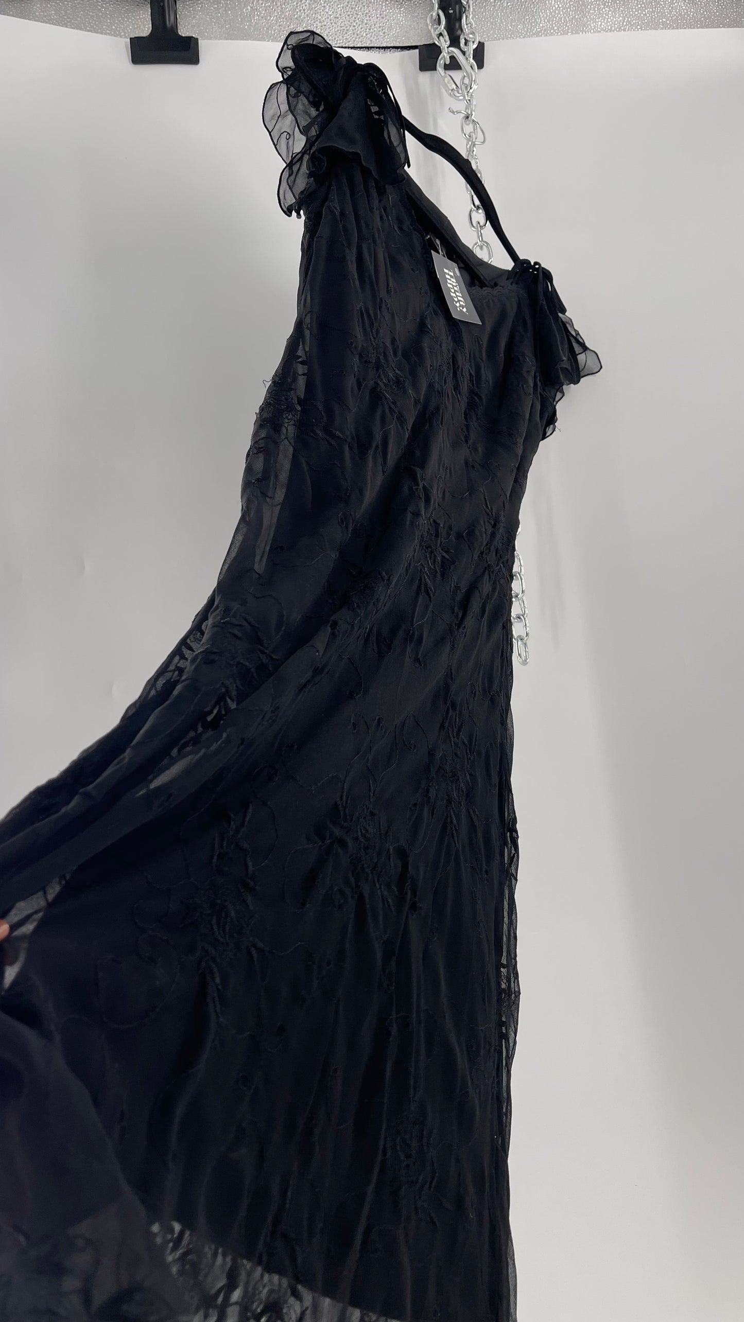 Vintage Jonathan Martin 100% Silk Black Embroidered MIDI Dress with Tie Shoulder Detail (10)