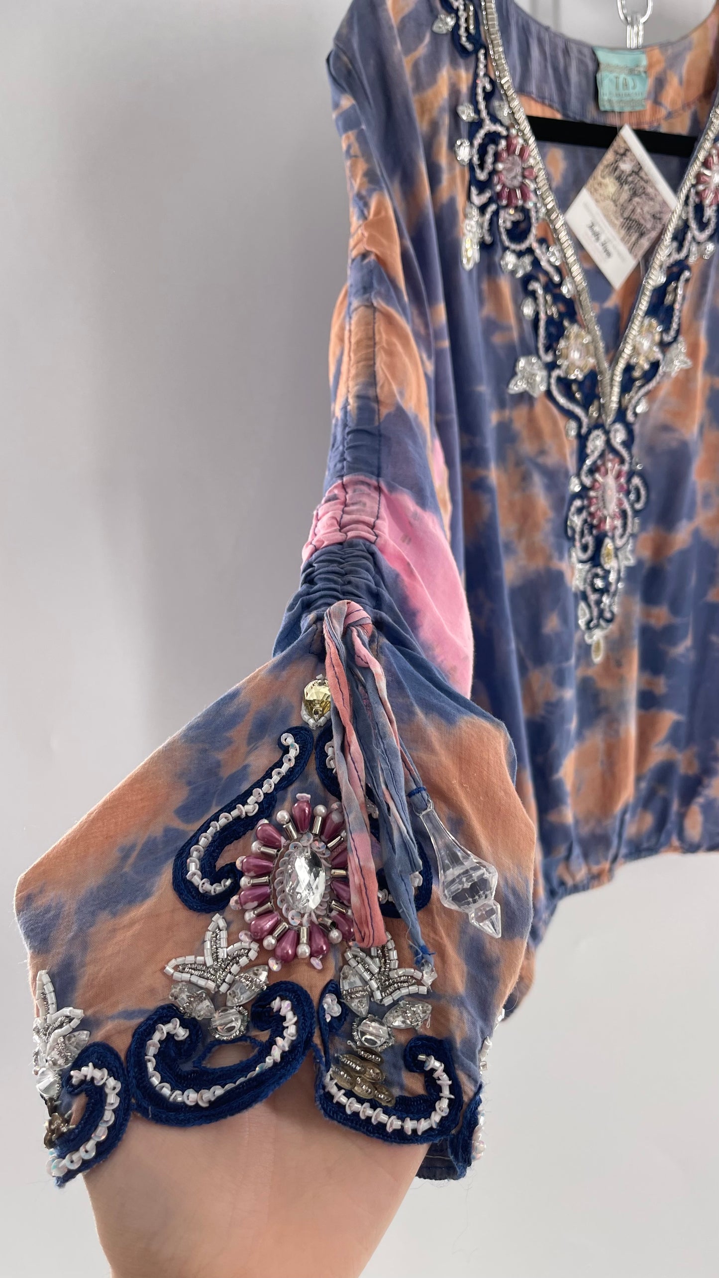 TAJ by Sabrina Crippa Tie Dye Blouse with Gemstone Encrusted Neckline and Ruched Beaded Sleeves (S/M)