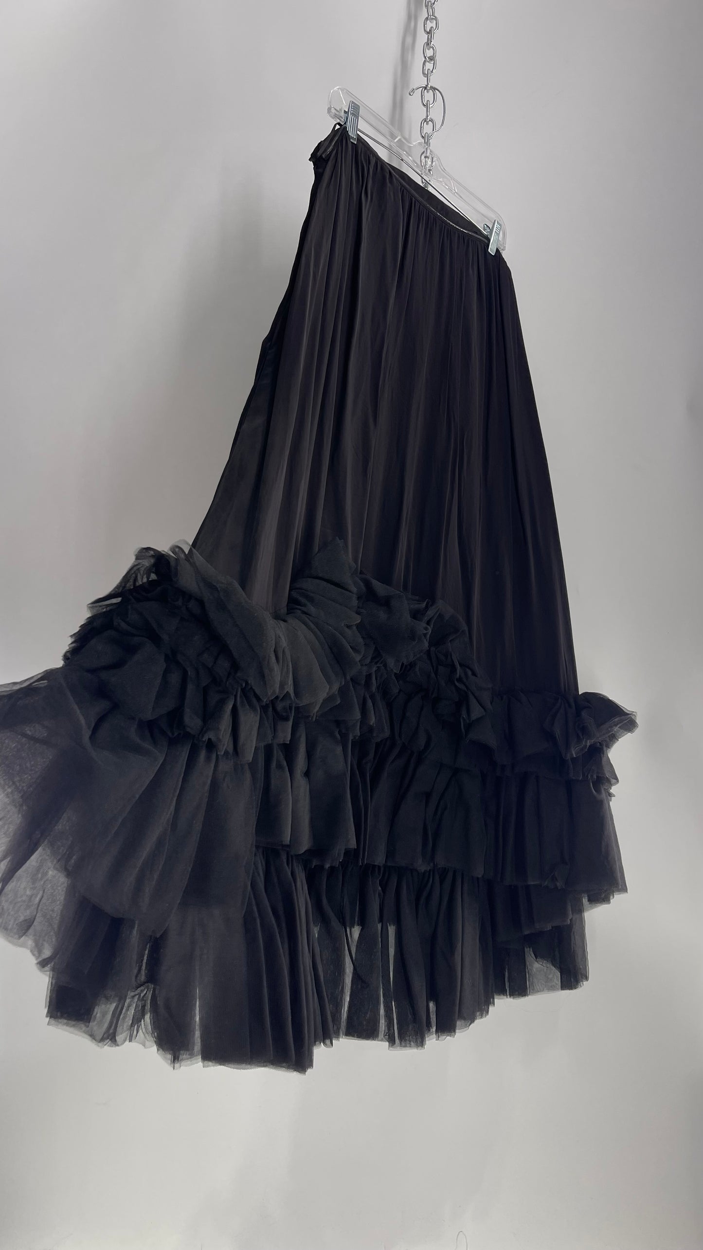 Anthropologie Black Voluminous Full Gown with Pleated Tulle Hemline Detail (M/L)