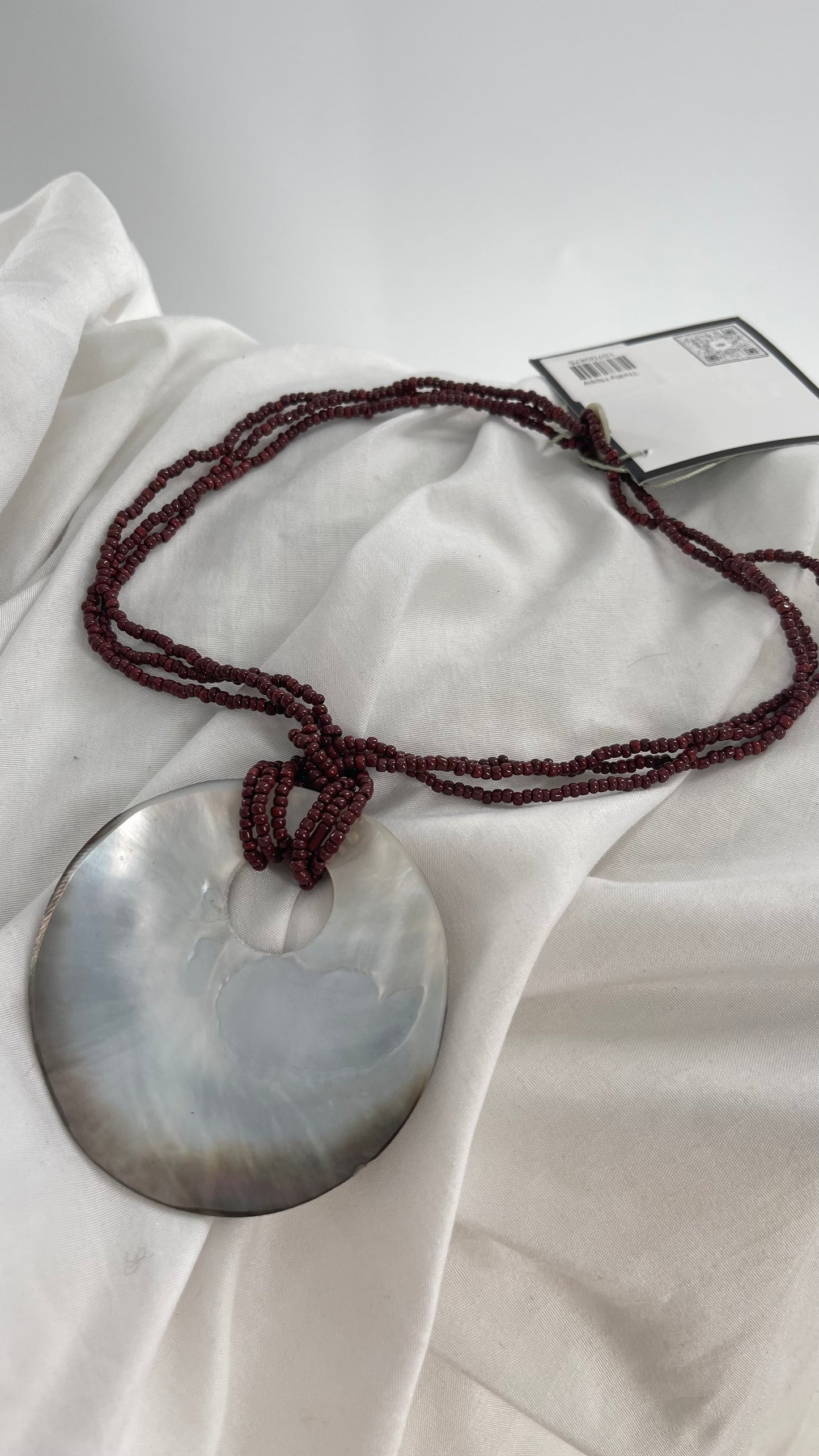 Vintage 1990s Burgundy Beaded Choker with Statement Iridescent Shell Pendant