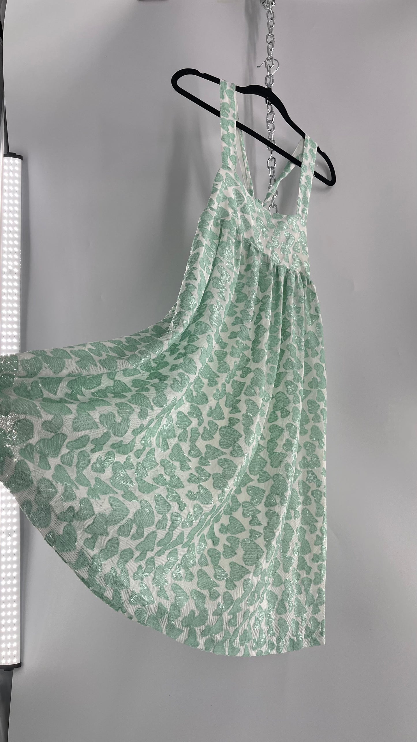 Kimchi Blue Babydoll Dress Covered in Sequin Teal/Mint Hearts (Medium)