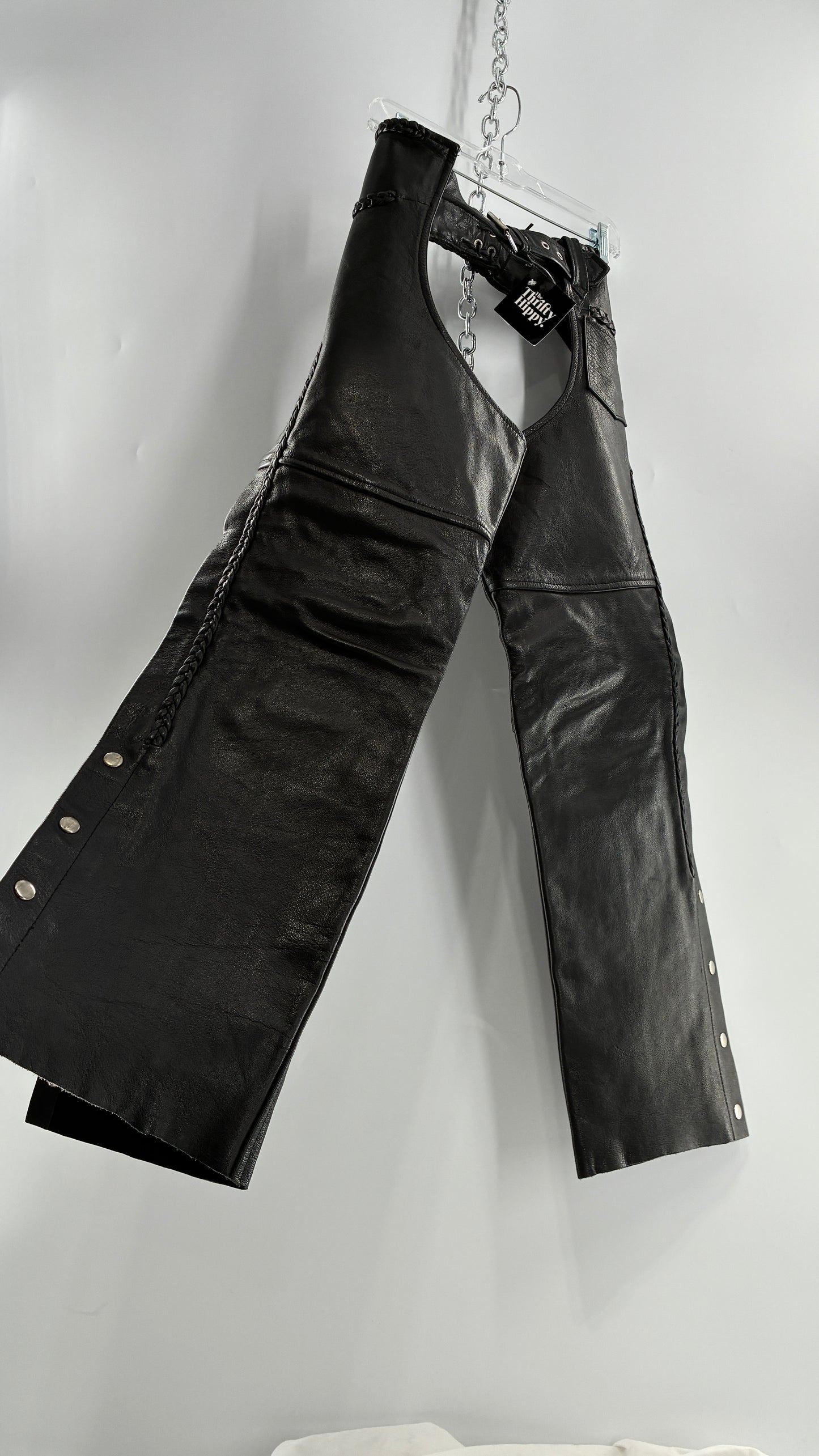 Vintage AMERICAN LEATHER Black Motorcycle Chaps/Pants with Mini Pocket, and Side Zipper Detailing (XS)