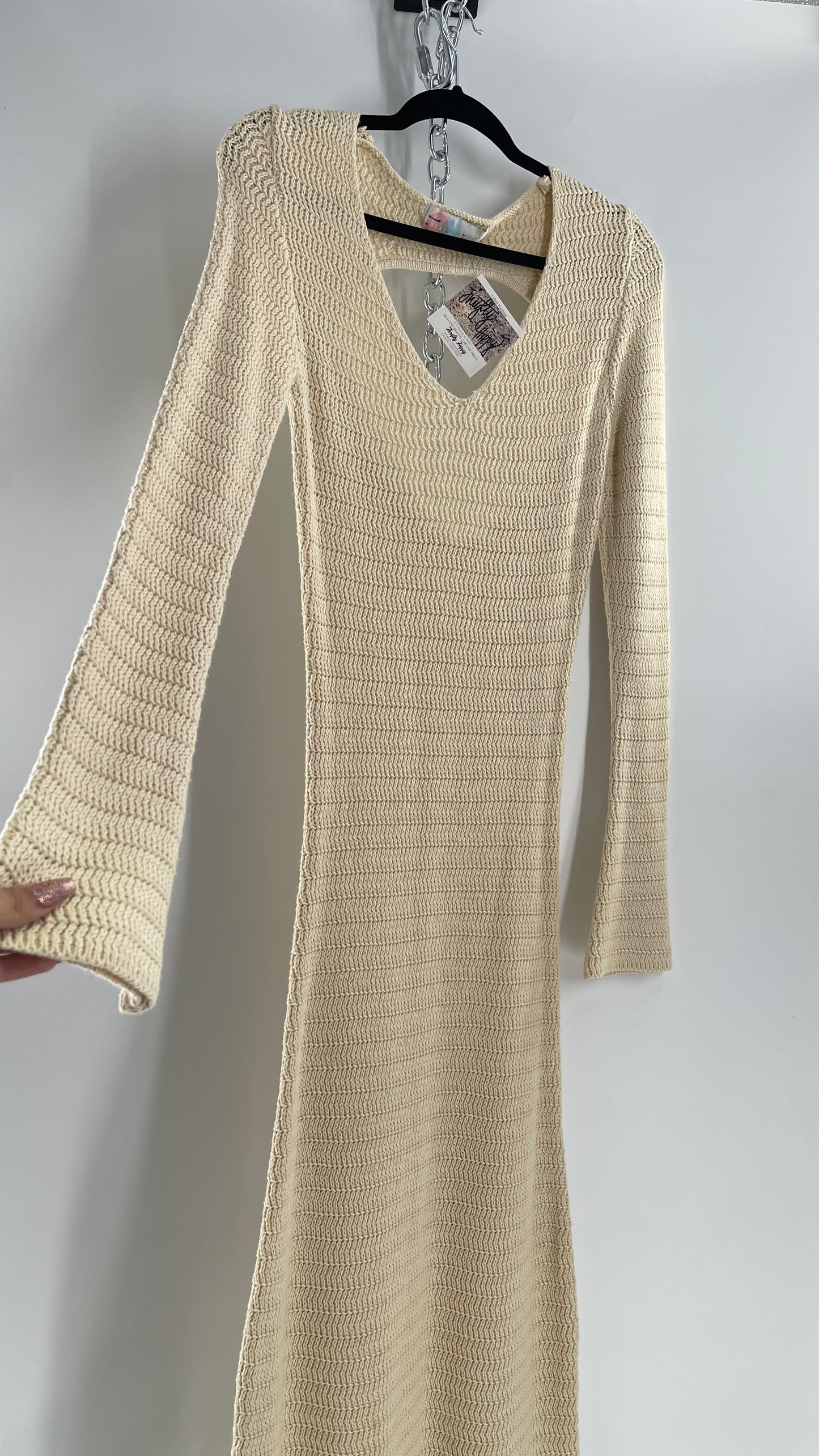 Free People Cozy Cream Knit Open Back Maxi Dress with Slight Bell Sleeve (Large)