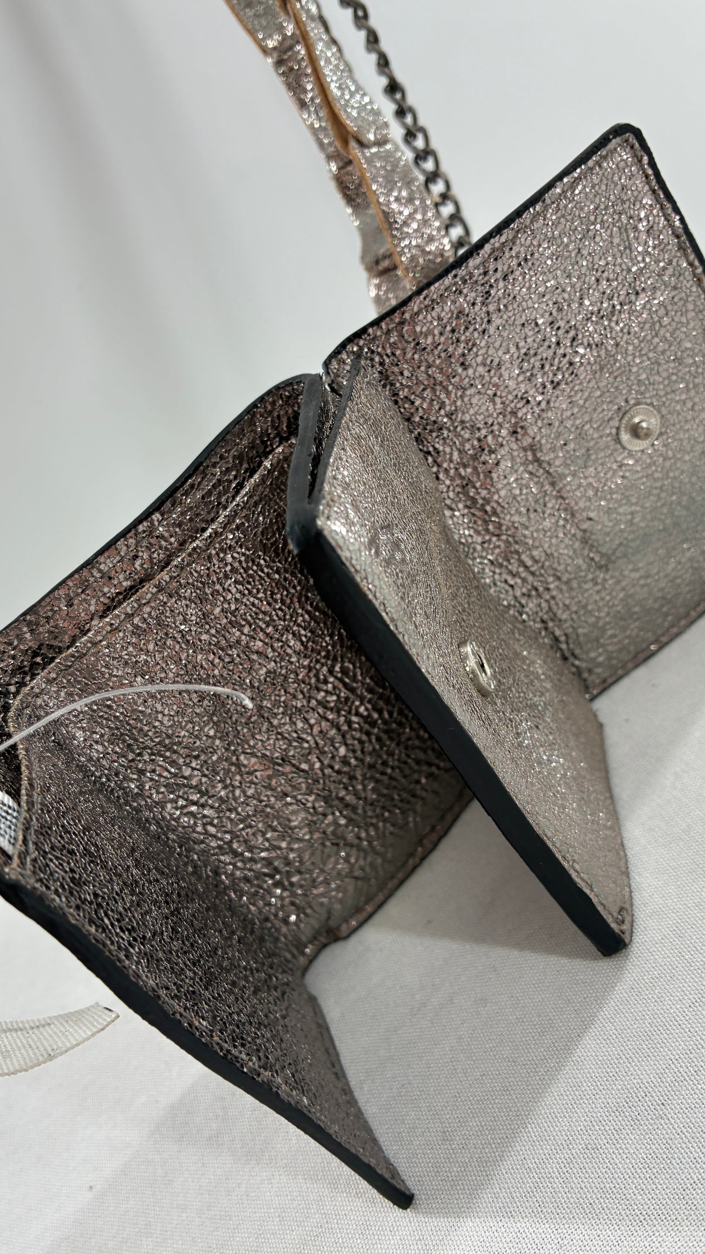 Free People Silver Gun Metal Metallic Goat Leather Wallet with Leather and Chain Straps