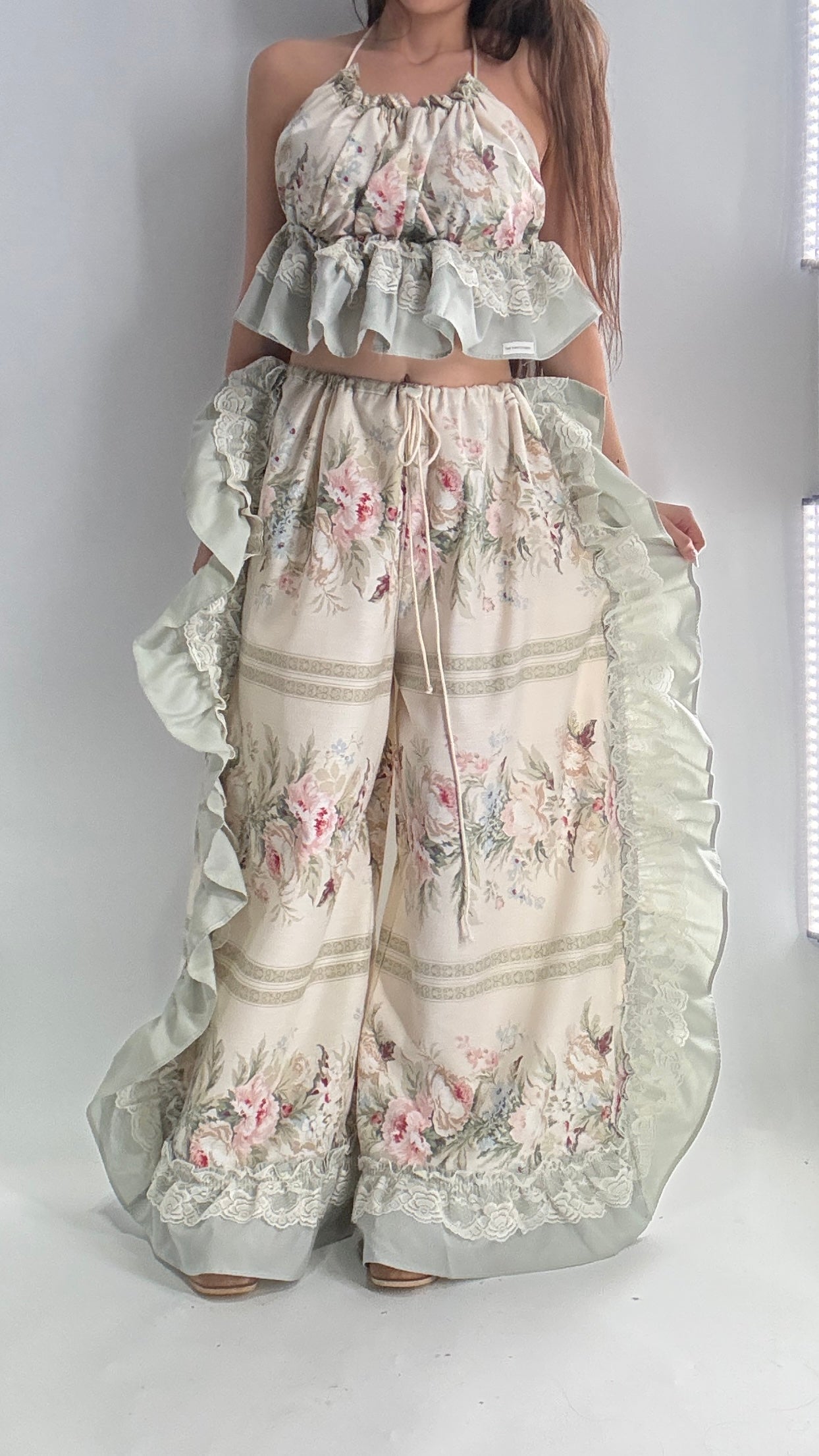 Handmade Vintage Muted Florals Two Piece Set with Adjustable Waist and Bust Lines (XS-XL)