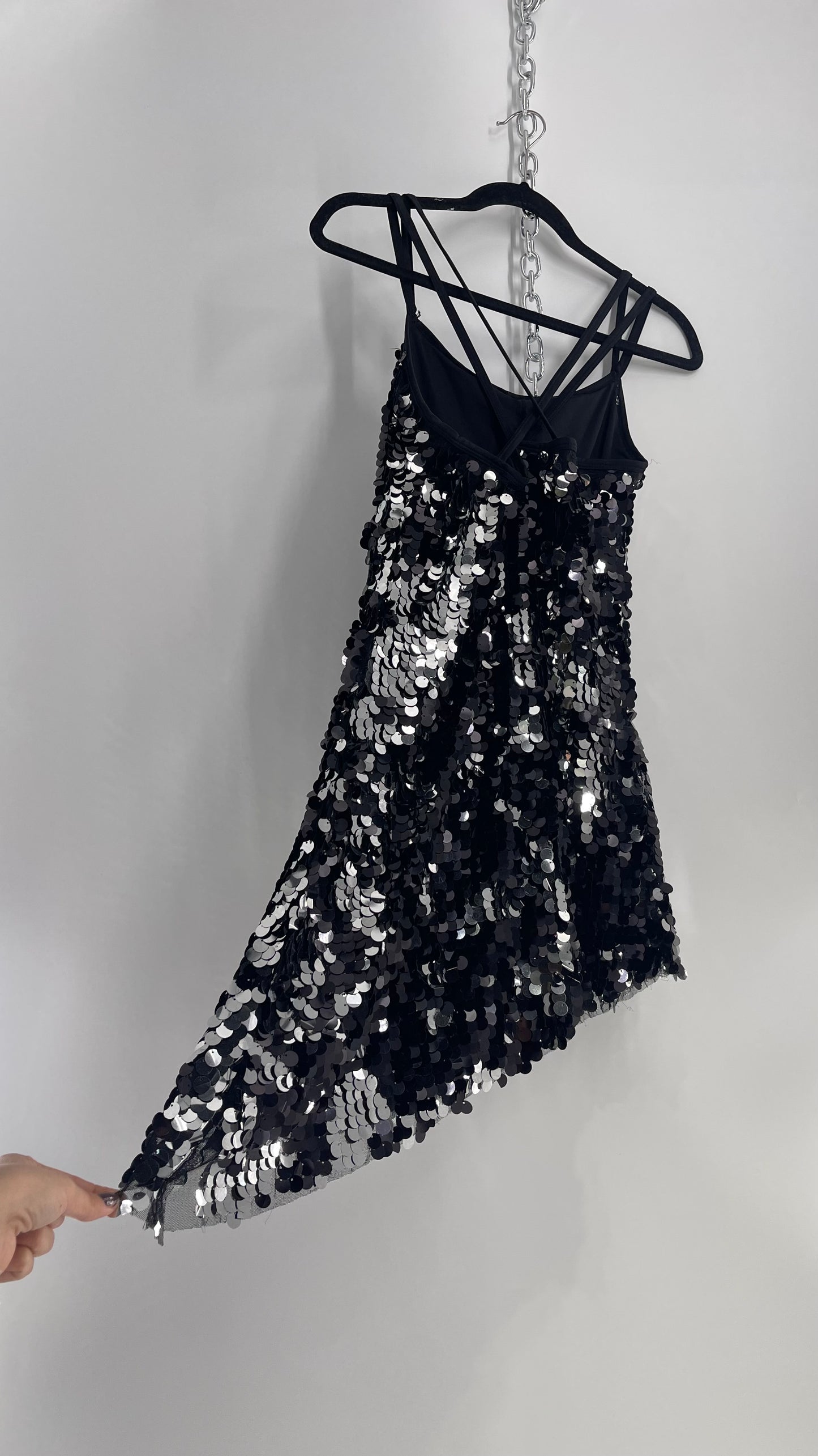 Vintage Revolution Dancewear Black/Silver Sequin Tank with Asymmetric Hem and Built in Shorts (Medium)