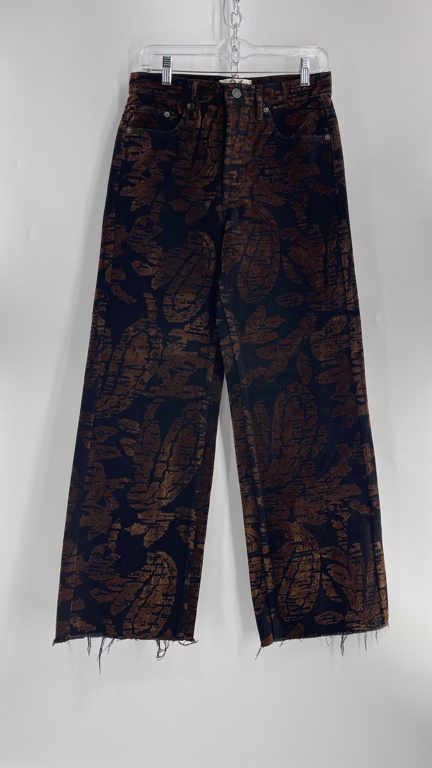 Free People Black/Brown Velvet Texture Graphic Straight Legs with Raw Edge Hem and Tags Attached (28)