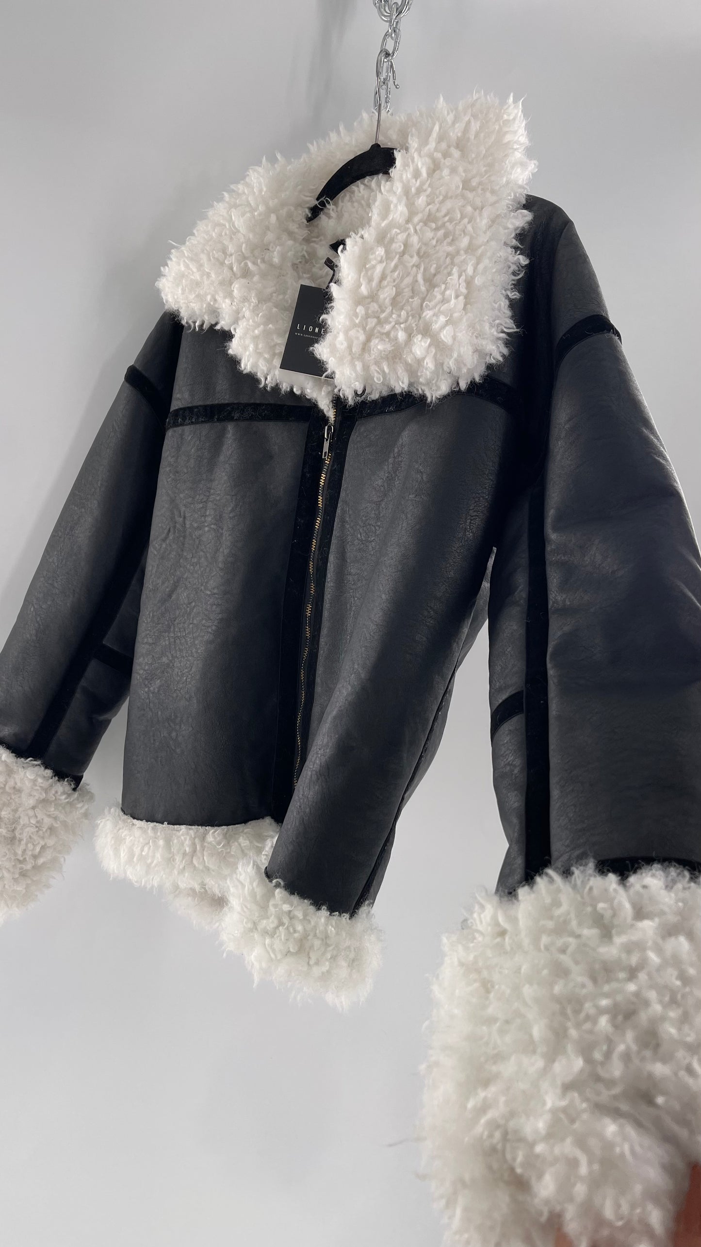 LIONESS Phoenix Jacket Black Faux Leather White Fur Trim (Large)