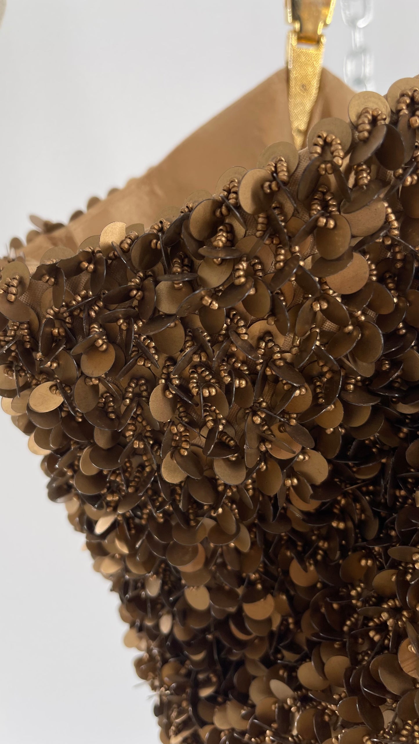 Deadstock The Find Marvelous Bronze Beaded Sequin Tote Bag with Gemstone Strap