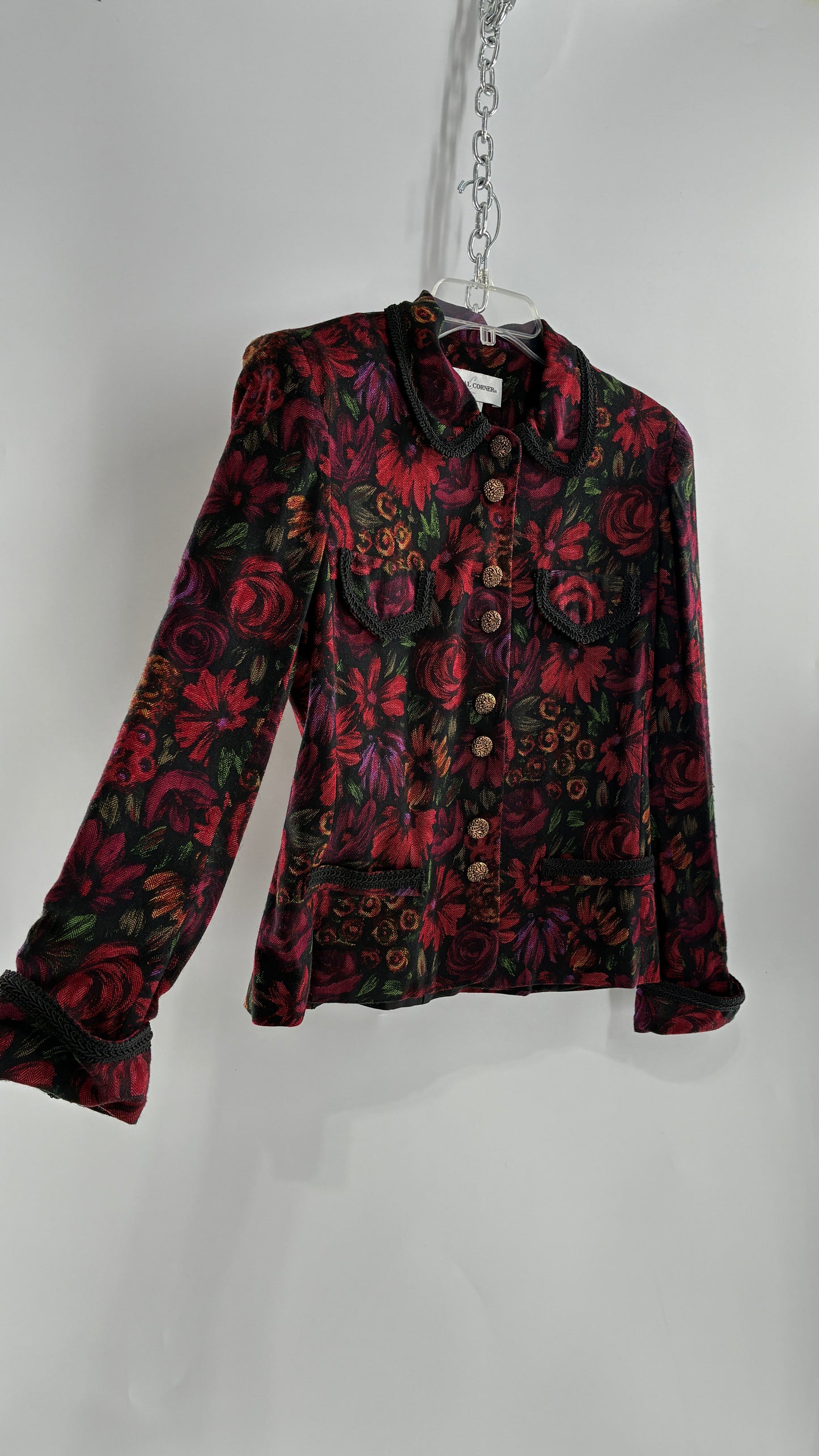 Vintage Suit Set with Gold Button, Deep Floral Blazer and Pleated Upcycled Mini Skirt (6)