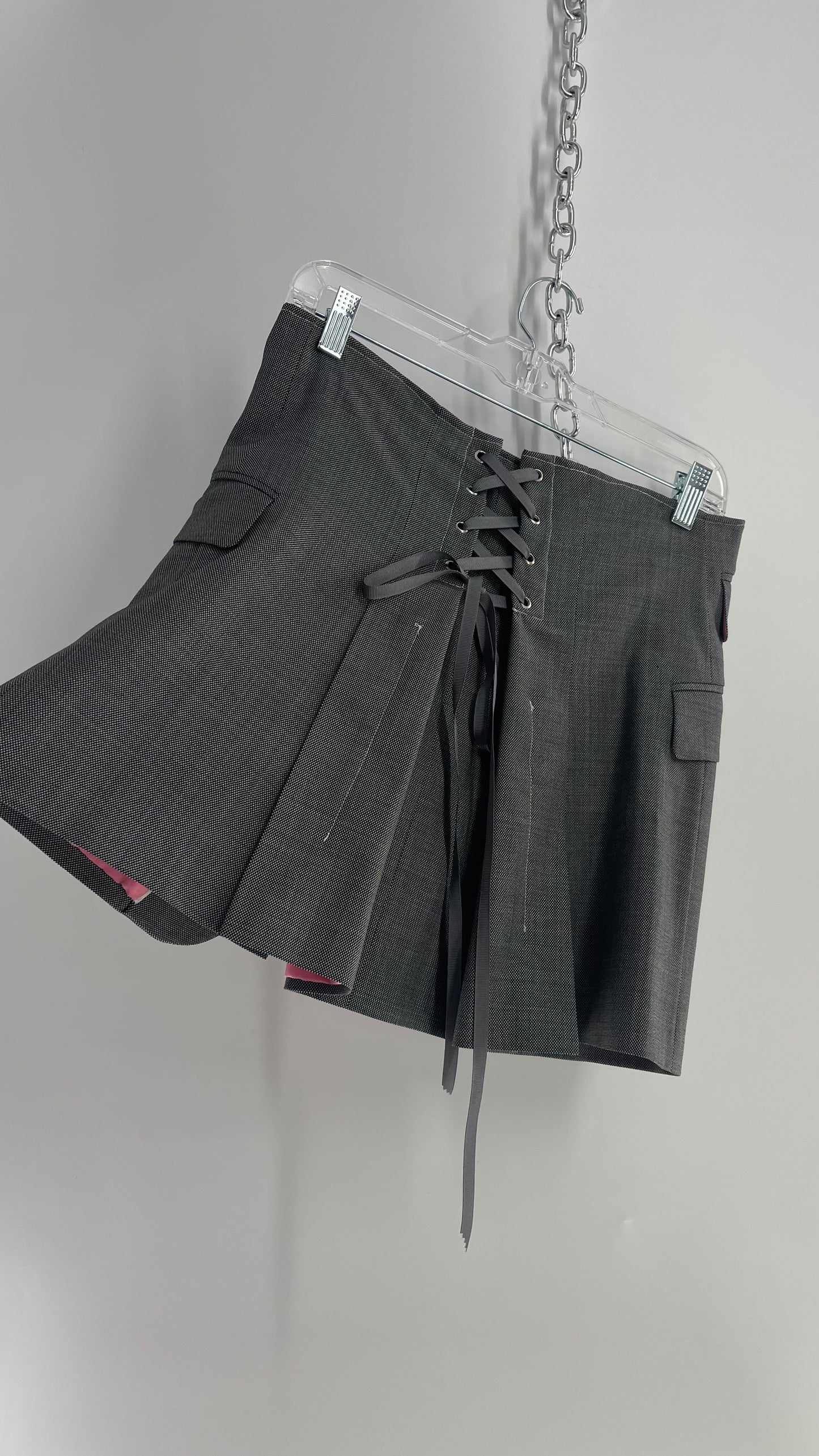 Custom Handmade Gray 2Piece Suit Set with Pink Satin Lining, Cropped Blazer, and Corseted Skirt (S-L)