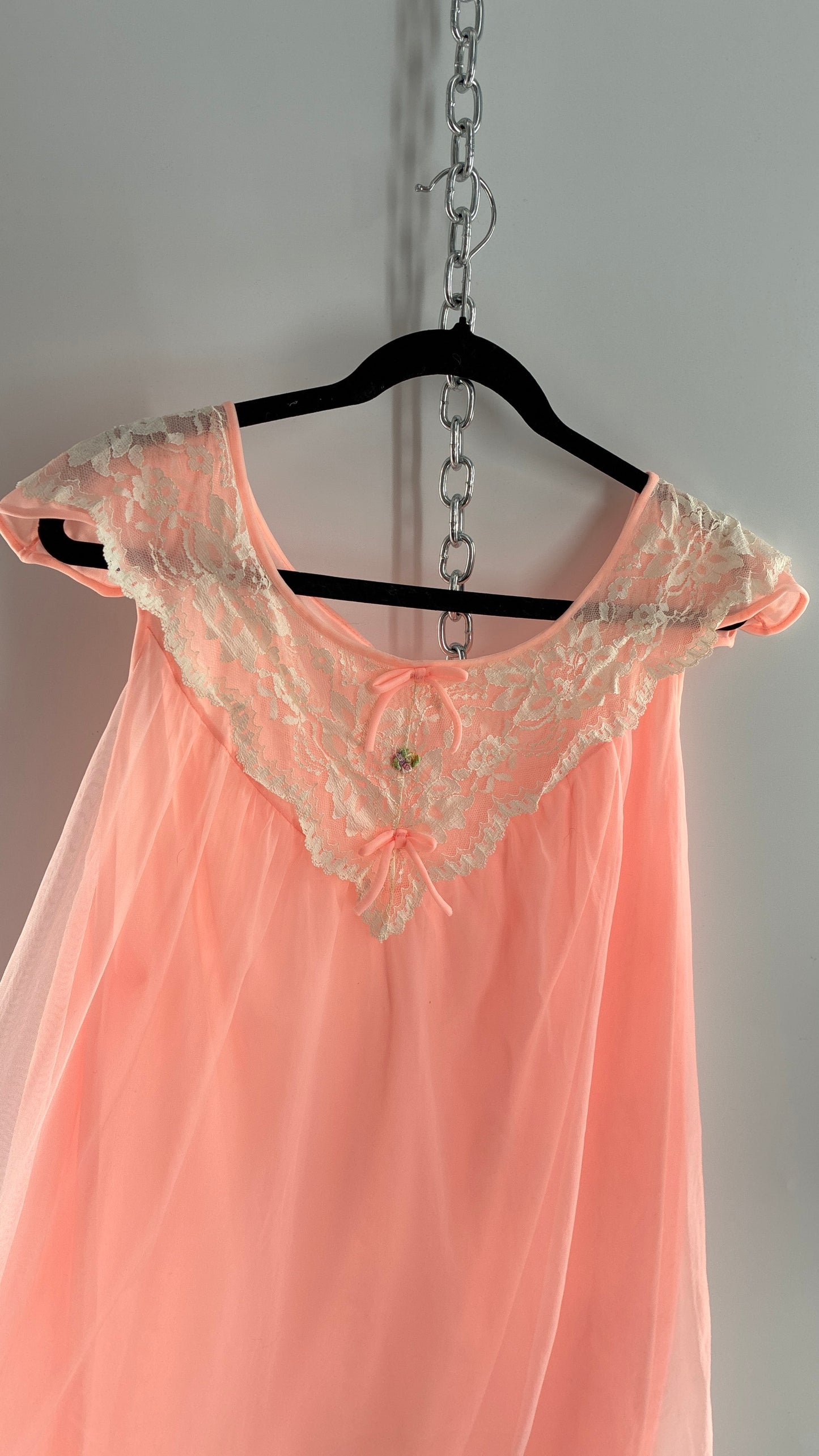 Vintage Neon Pink Babydoll Mini with Lace Sailor Style Neckline with Bows and Embroidery (48)