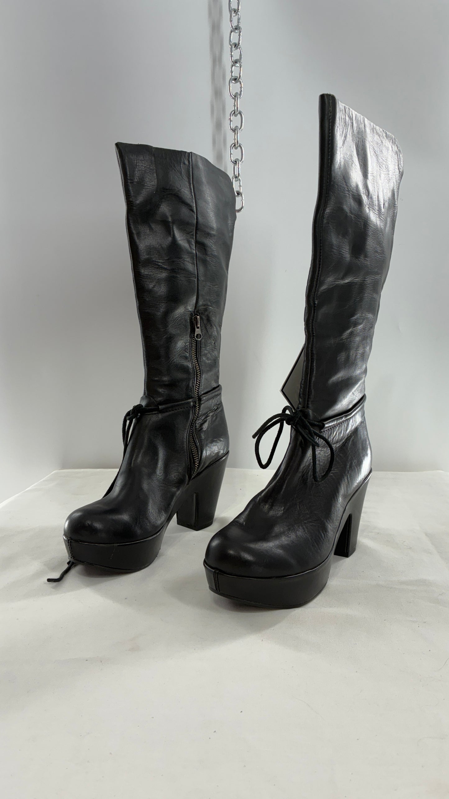 Vintage KORK EASE Black Genuine Leather Platform Clog, Knee High Boots (8/39)