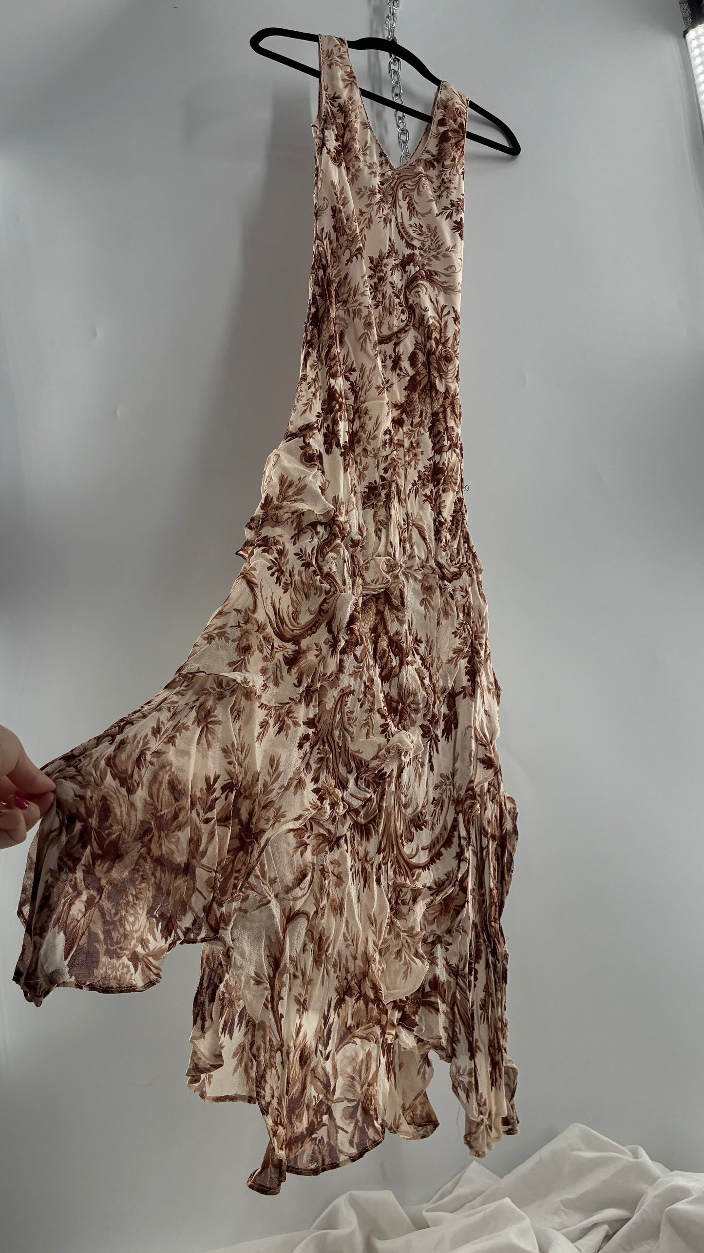 Vintage MAJICK 1990s Brown Floral, Asymmetric Ruffled Hem Gown with Embroidered Sequin Details (Medium)