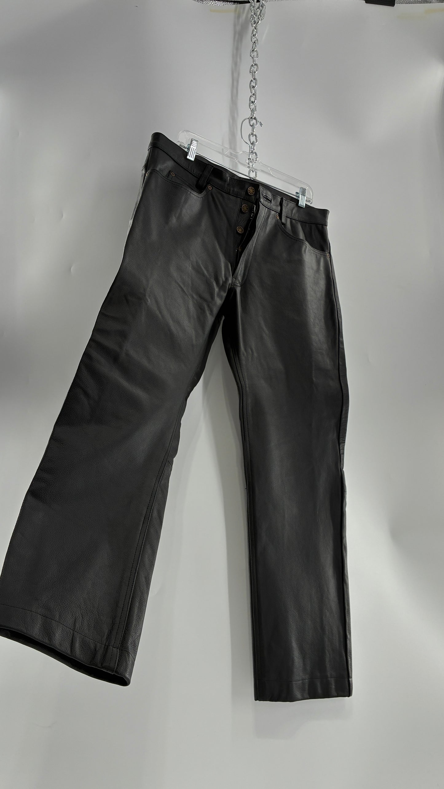 Vintage Button Front, French, Black, Thick Genuine Leather Pants (36)