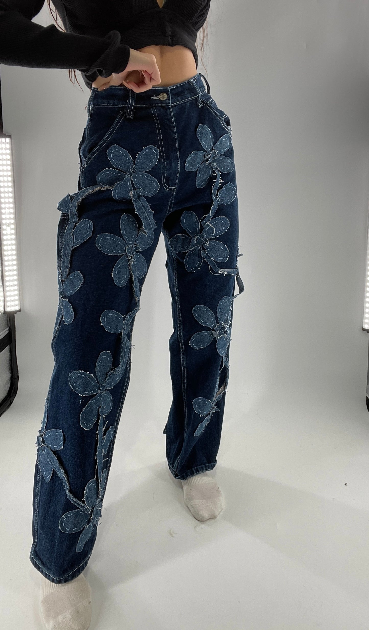 Handmade CUSTOM Dual Denim Tone Floral Vine Cargo Denims (S)