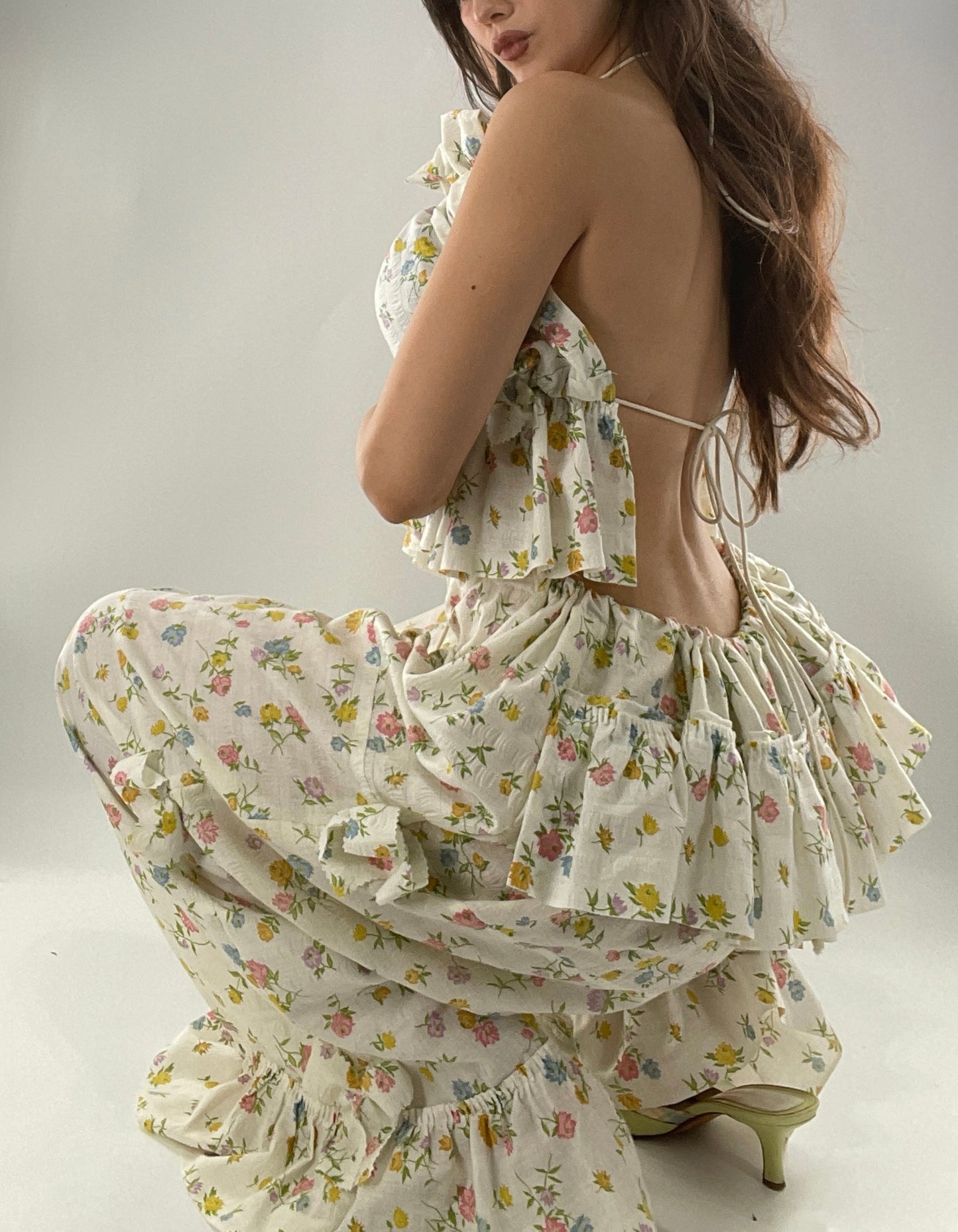Vintage 2 Piece Floral Babydoll Set with Adjustable Top and Adjustable Pants Featuring Bow Sides and Ruffles Bum (One Size)