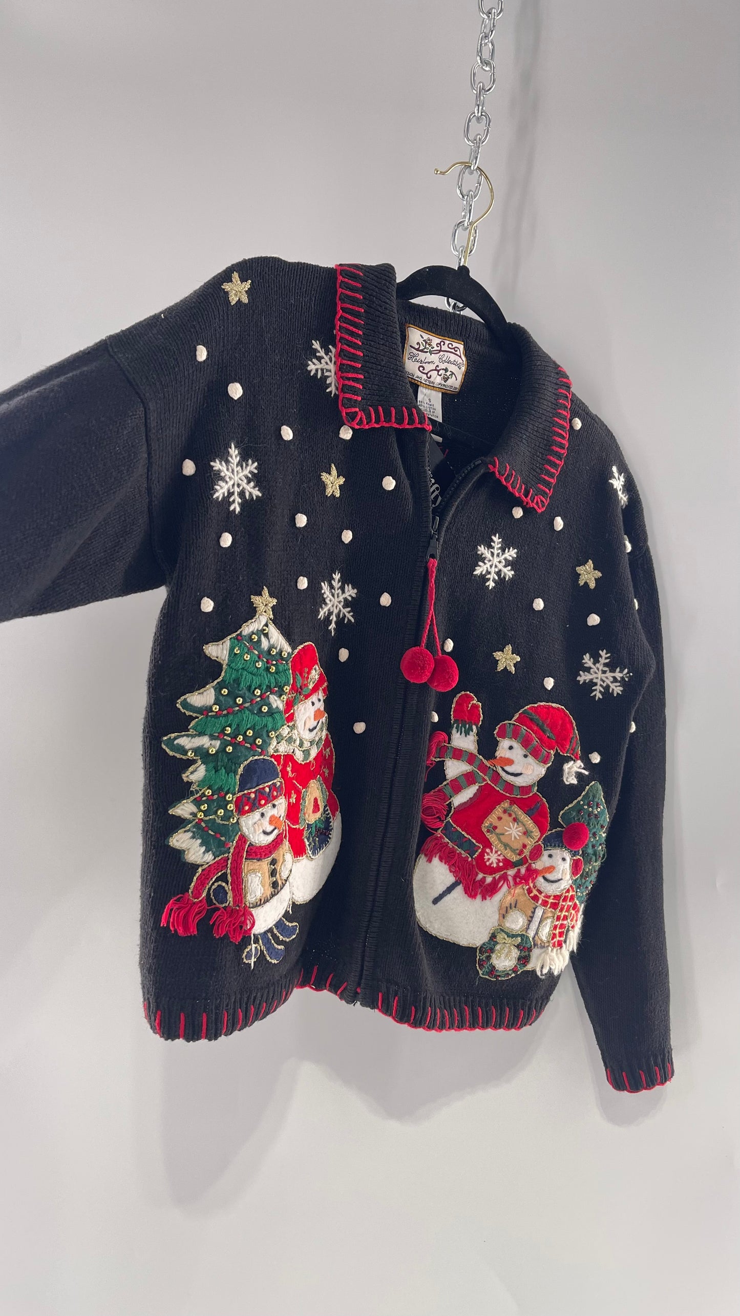 Vintage Reworked Urban Outfitters Heirloom Christmas Cardigan with Festive Snowmen Embroidery, Snowflakes, Christmas Tree and PomPom Zipper Detail (S)