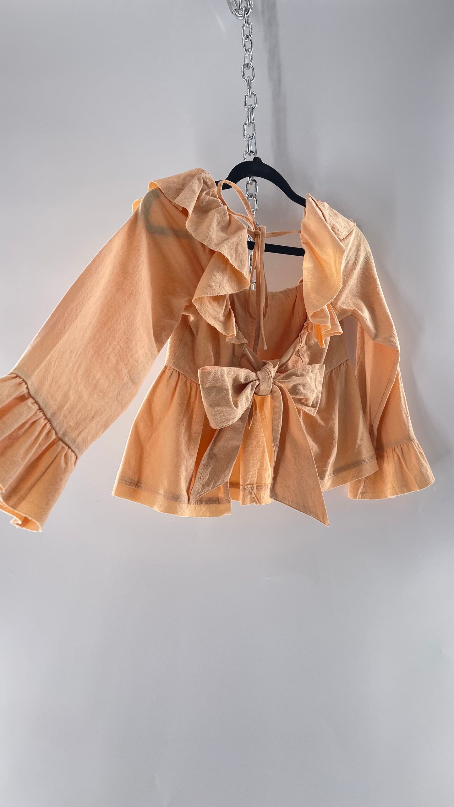 Free People Pumpkin Light Orange Backless Bow Back Cropped Blouse with Ruffle Sleeve and Neckline (XS)