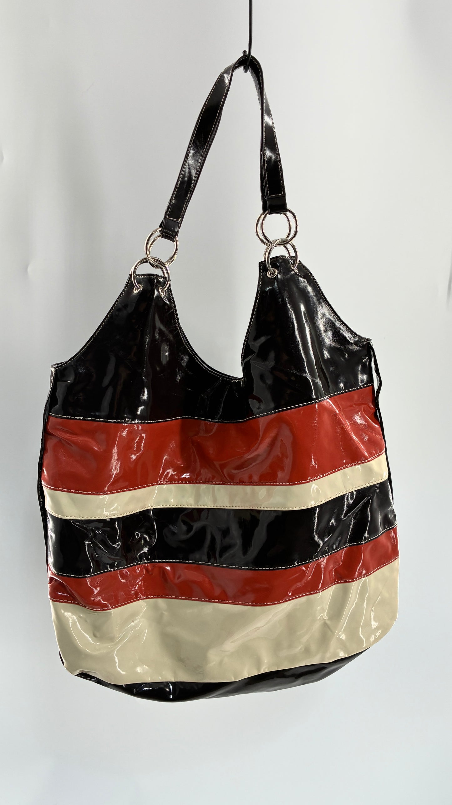 Vintage CANDIES Patent Oversized Striped Brown, Cream, Orange Tote