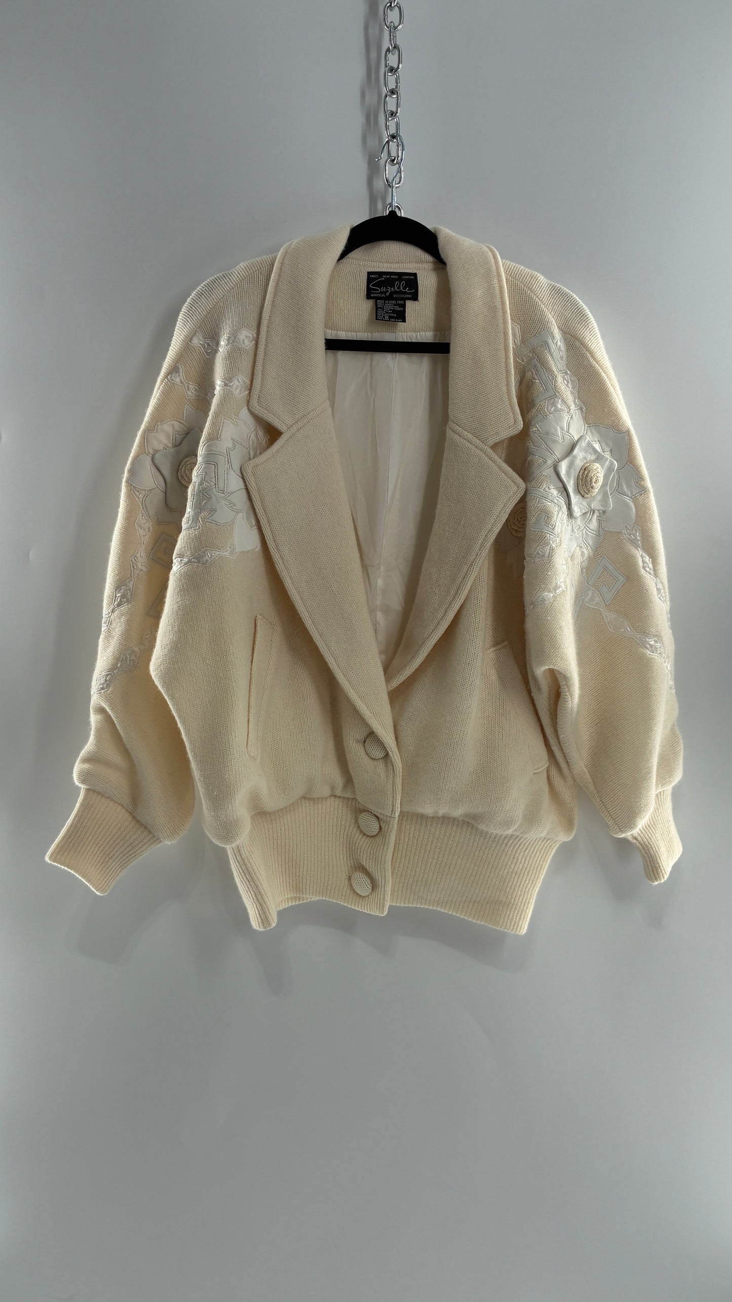 Vintage SUZELLE 70% Lambswool, 20% Angora Rabbit Off White Woven Bomber Jacket with Leather Flower Appliqués (Medium)