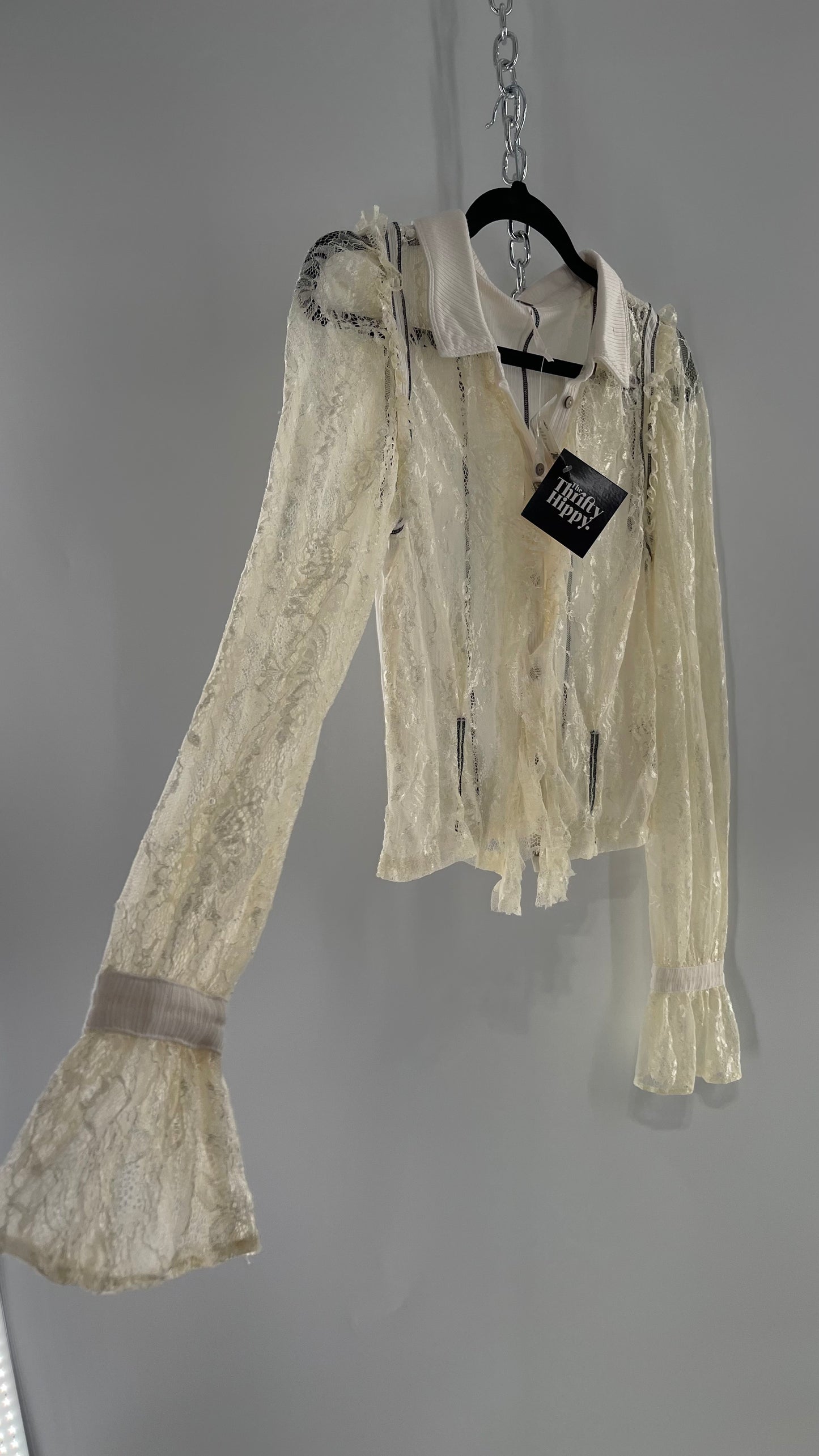 Free People White Lace/Ribbed BodyCon Button Up with Tags Attached (Large)