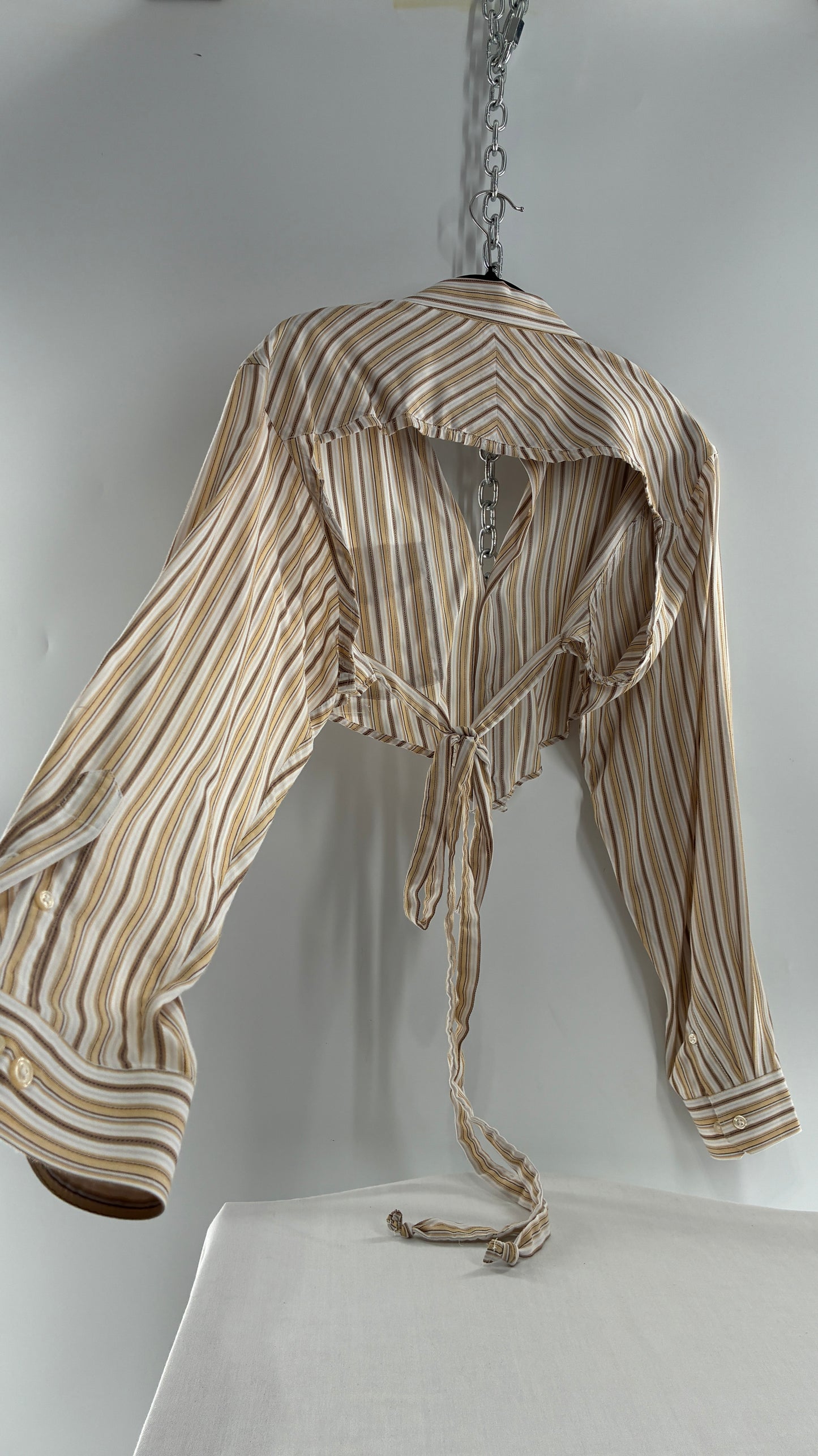 Vintage VAN HEUSEN Reworked Button Front Backless Mustard Yellow, Brown Striped Blouse (One Size)